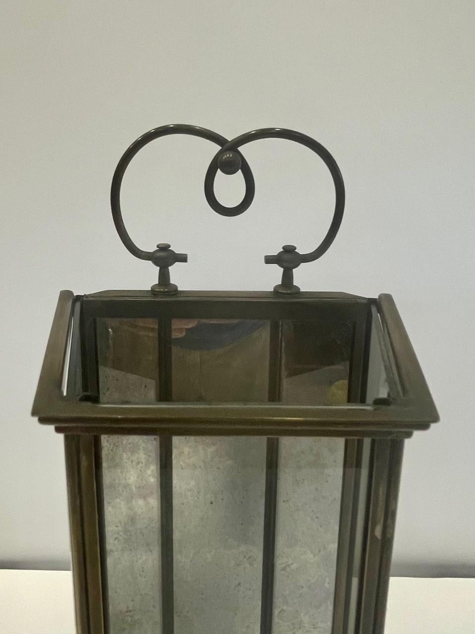 Stunning Pair of Brass & Aged Glass Lanterns For Sale 1
