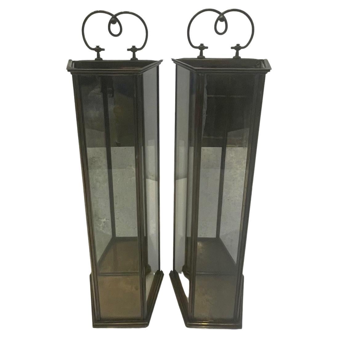 Stunning Pair of Brass & Aged Glass Lanterns For Sale