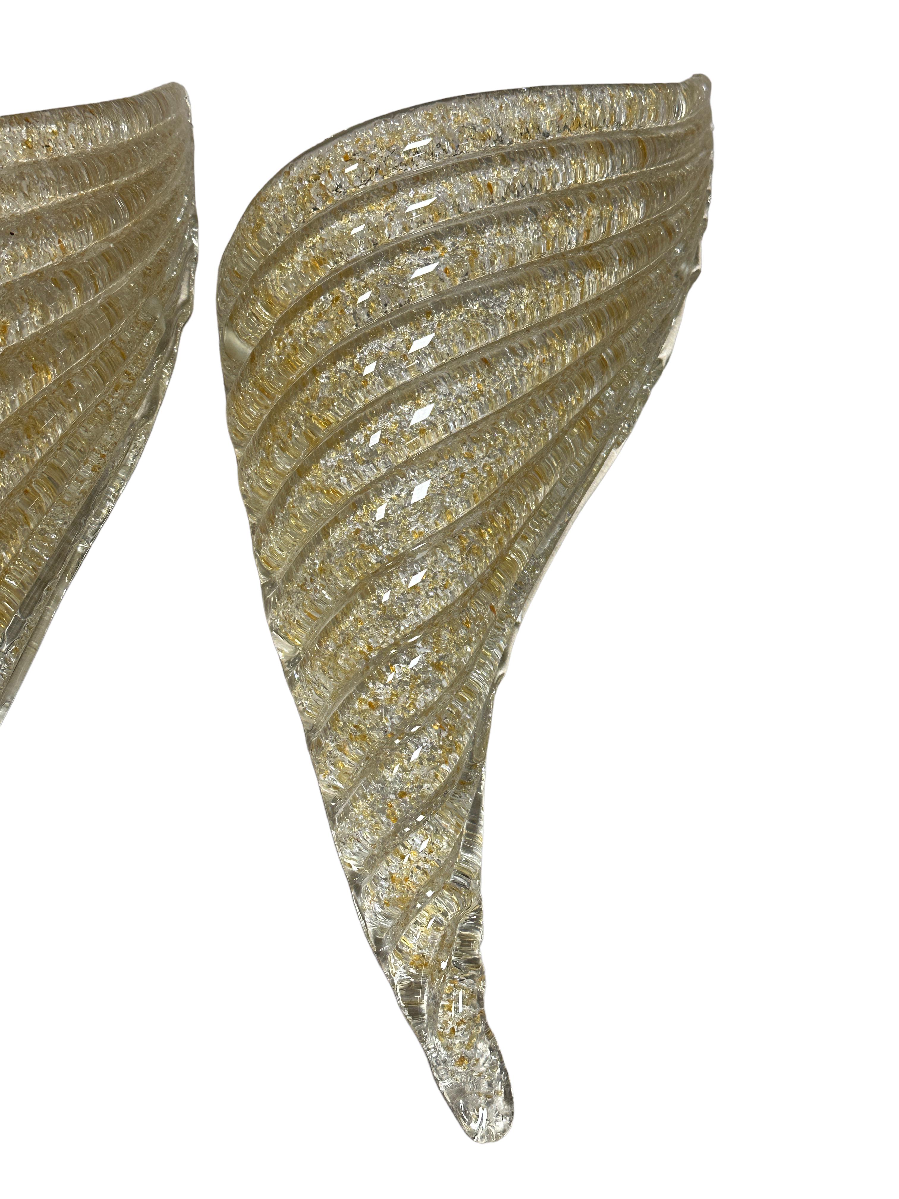 Metal Stunning Pair of Brass and Murano Glass Cornucopia Shell Sconces, Italy, 1980s For Sale