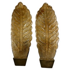 Stunning Pair of Brass and Murano Glass Leaf Sconces by Barovier and Toso, Italy