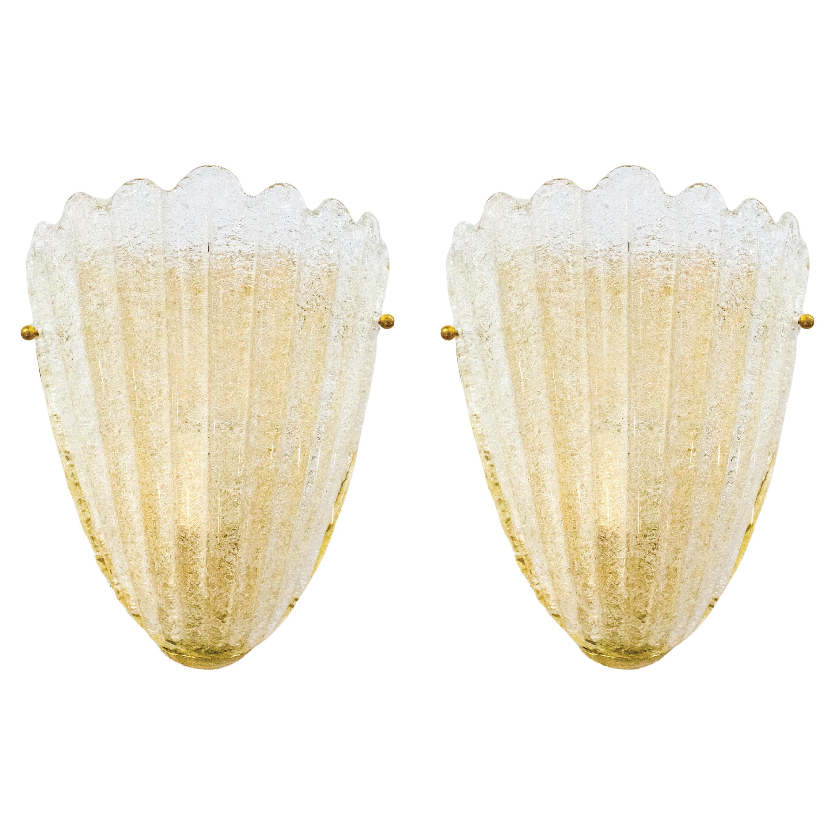 Stunning Pair of Brass and Murano Glass Shell Sconces