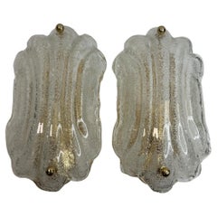 Stunning Pair of Brass and Murano Glass Shell Sconces, Italy, 1980s