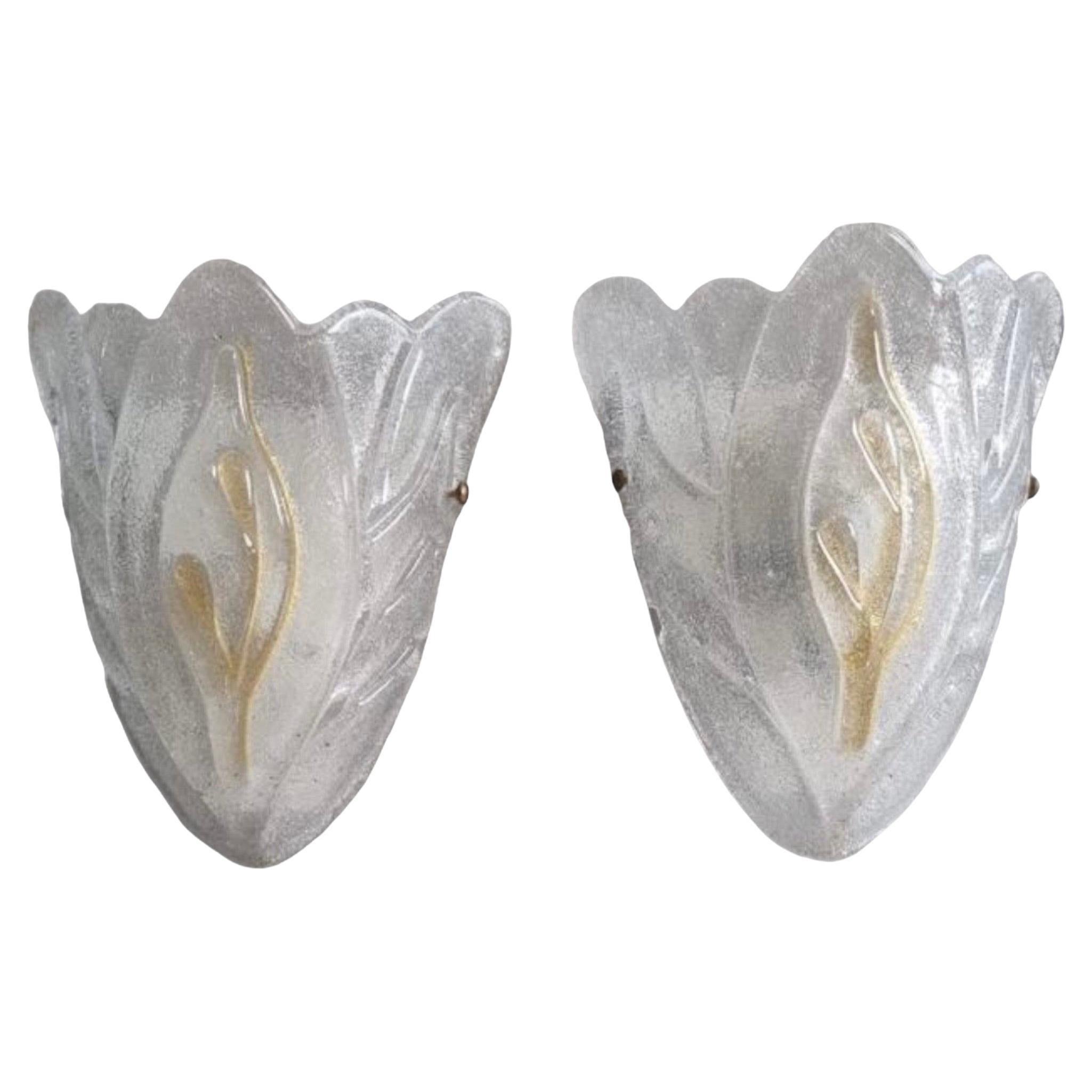 Stunning Pair of Brass and Murano Ice Glass Shell Style Sconces, Italy, 1980s For Sale