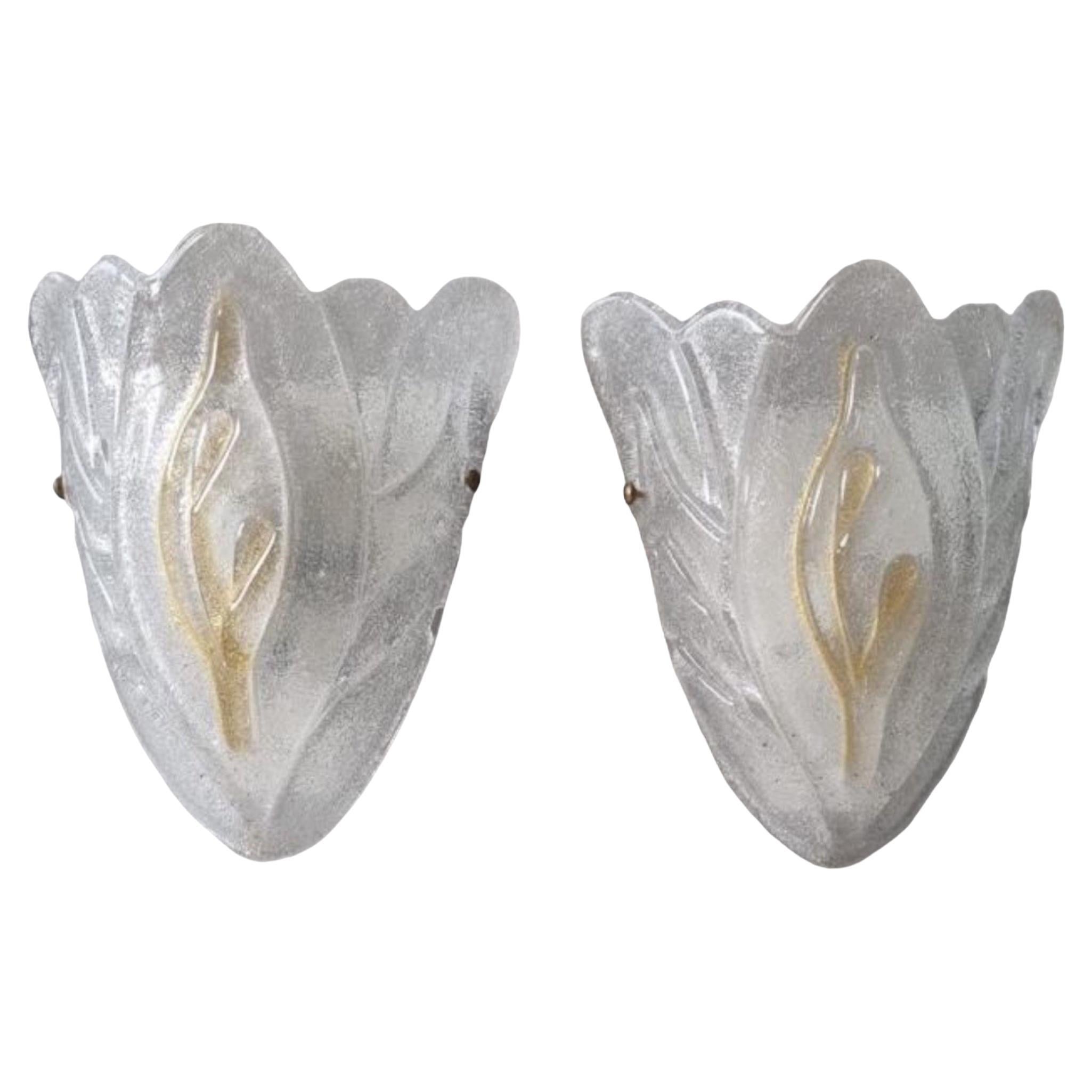 Stunning Pair of Brass and Murano Ice Glass Shell Style Sconces, Italy, 1980s For Sale