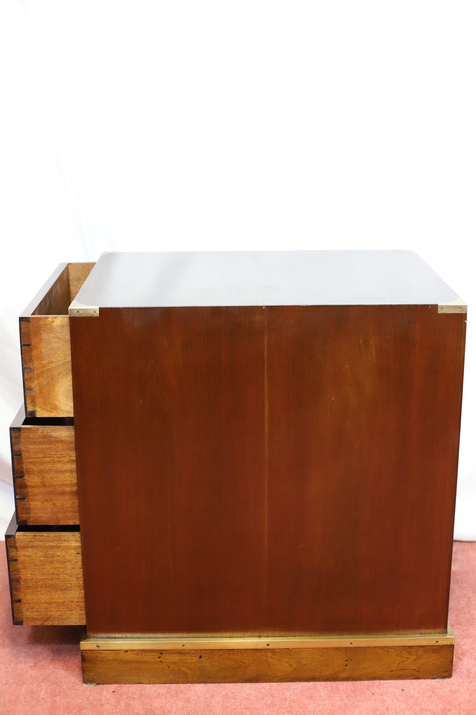 Stunning Pair Of Brass Bound Campaign Style Chest Of Three Drawers For Sale 4