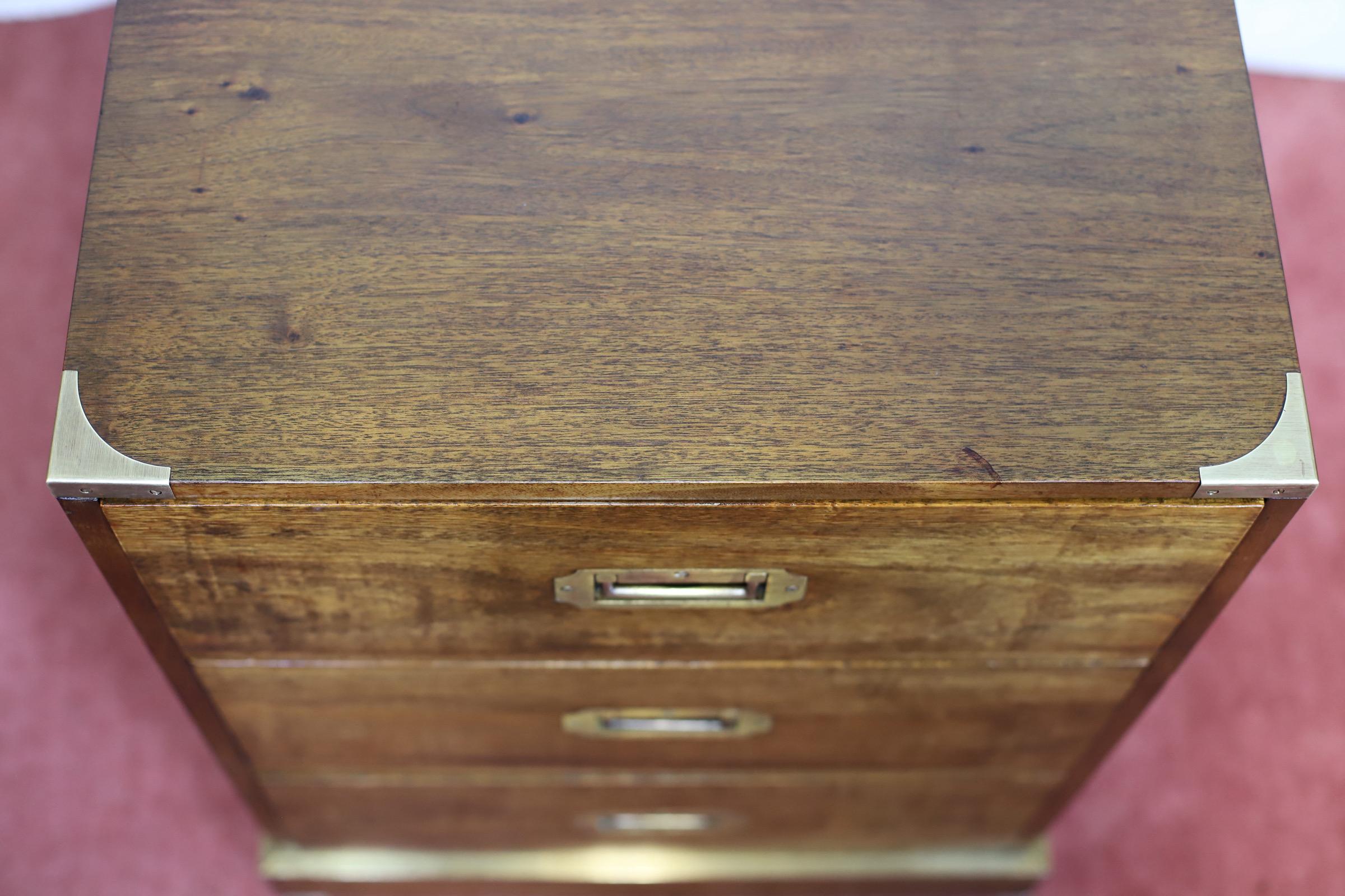 Stunning Pair Of Brass Bound Campaign Style Chest Of Three Drawers For Sale 6