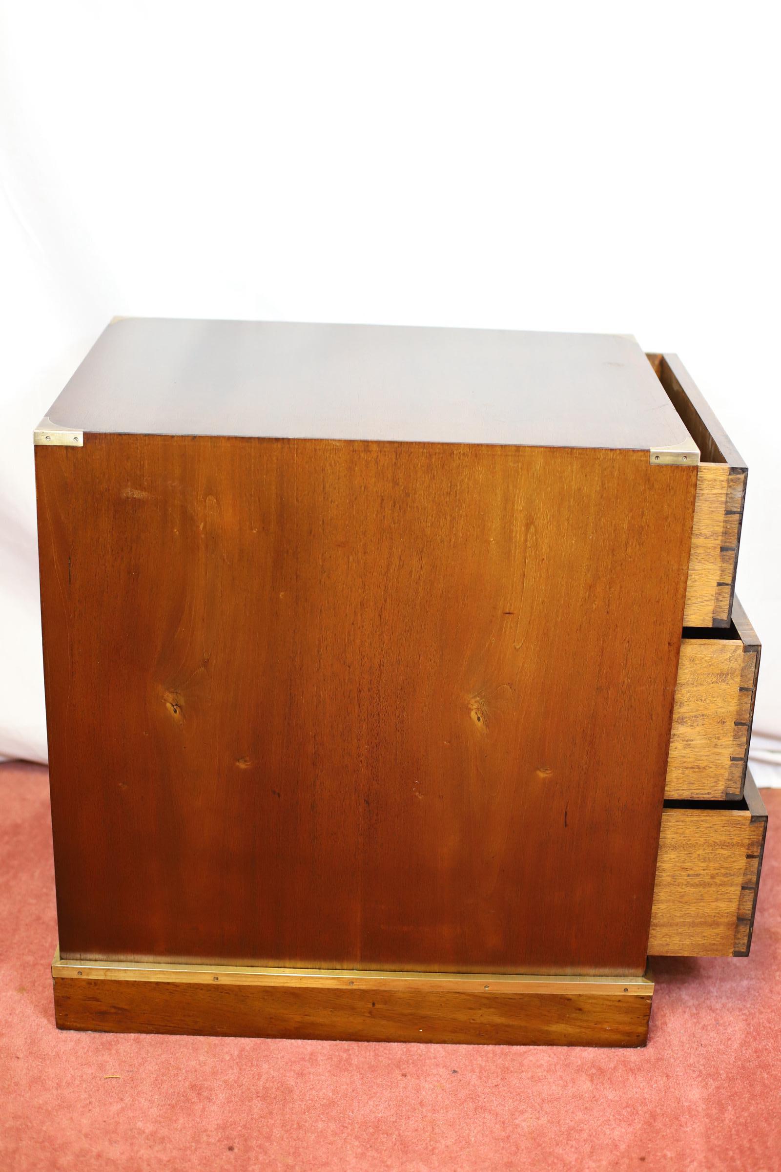 Stunning Pair Of Brass Bound Campaign Style Chest Of Three Drawers For Sale 9
