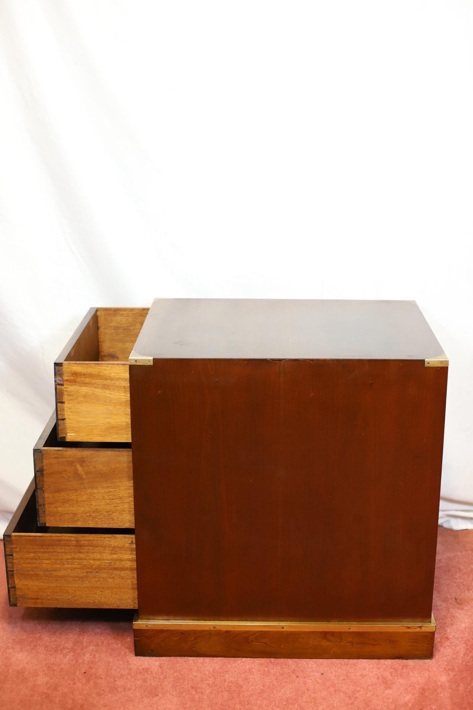 Stunning Pair Of Brass Bound Campaign Style Chest Of Three Drawers For Sale 12