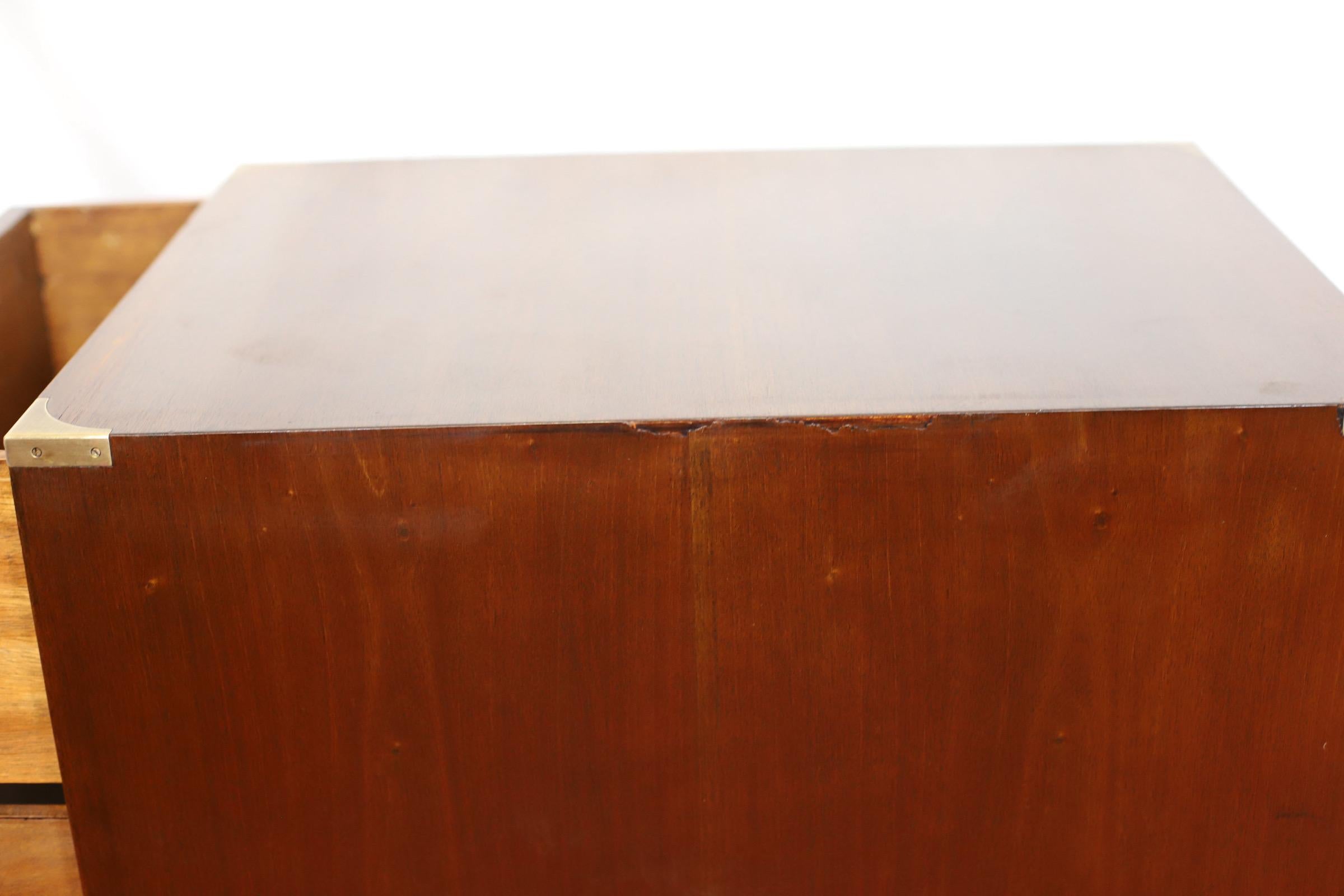 Stunning Pair Of Brass Bound Campaign Style Chest Of Three Drawers For Sale 13