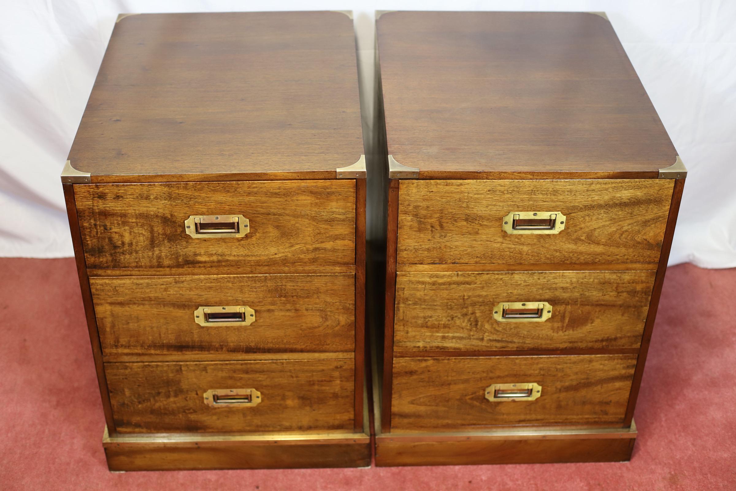British Stunning Pair Of Brass Bound Campaign Style Chest Of Three Drawers For Sale