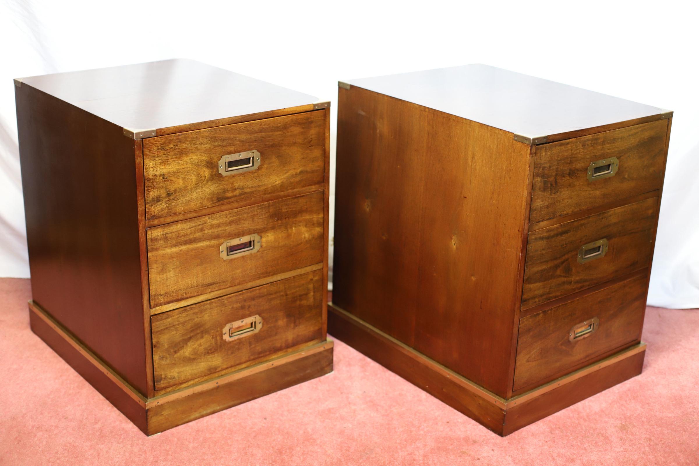 Hand-Crafted Stunning Pair Of Brass Bound Campaign Style Chest Of Three Drawers For Sale