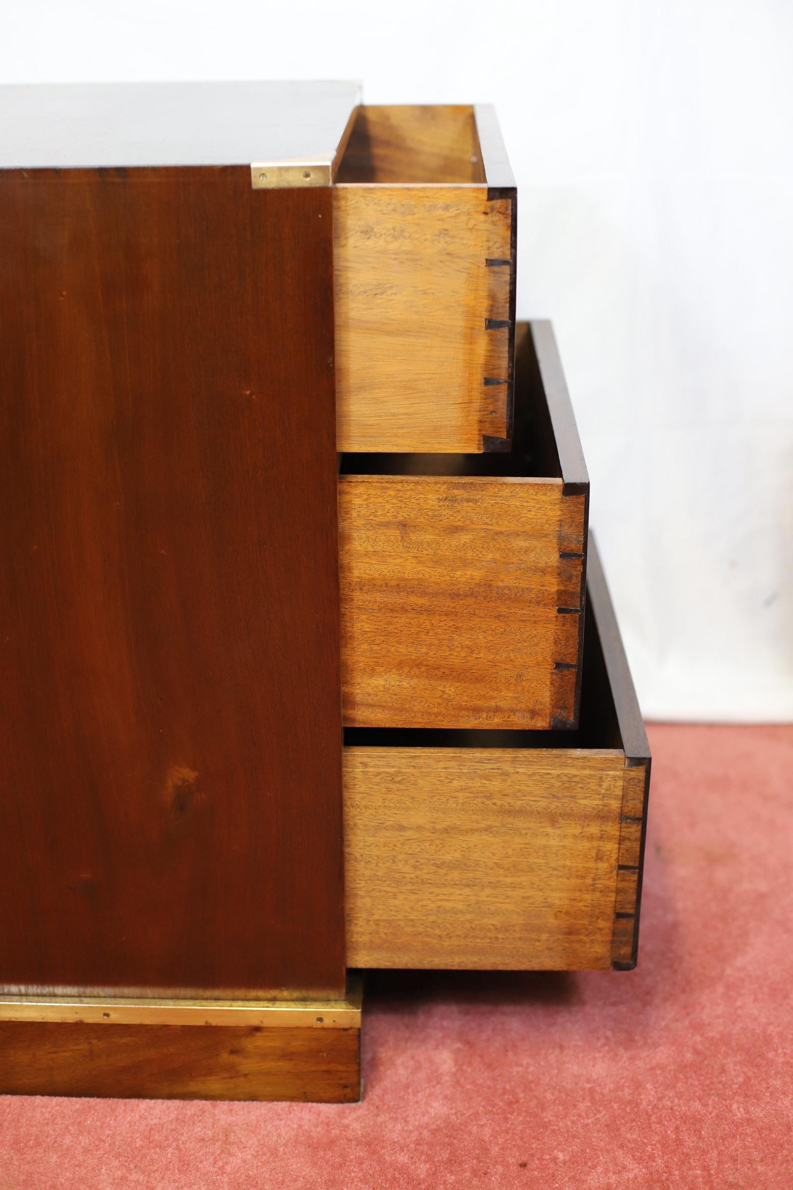 Stunning Pair Of Brass Bound Campaign Style Chest Of Three Drawers For Sale 1