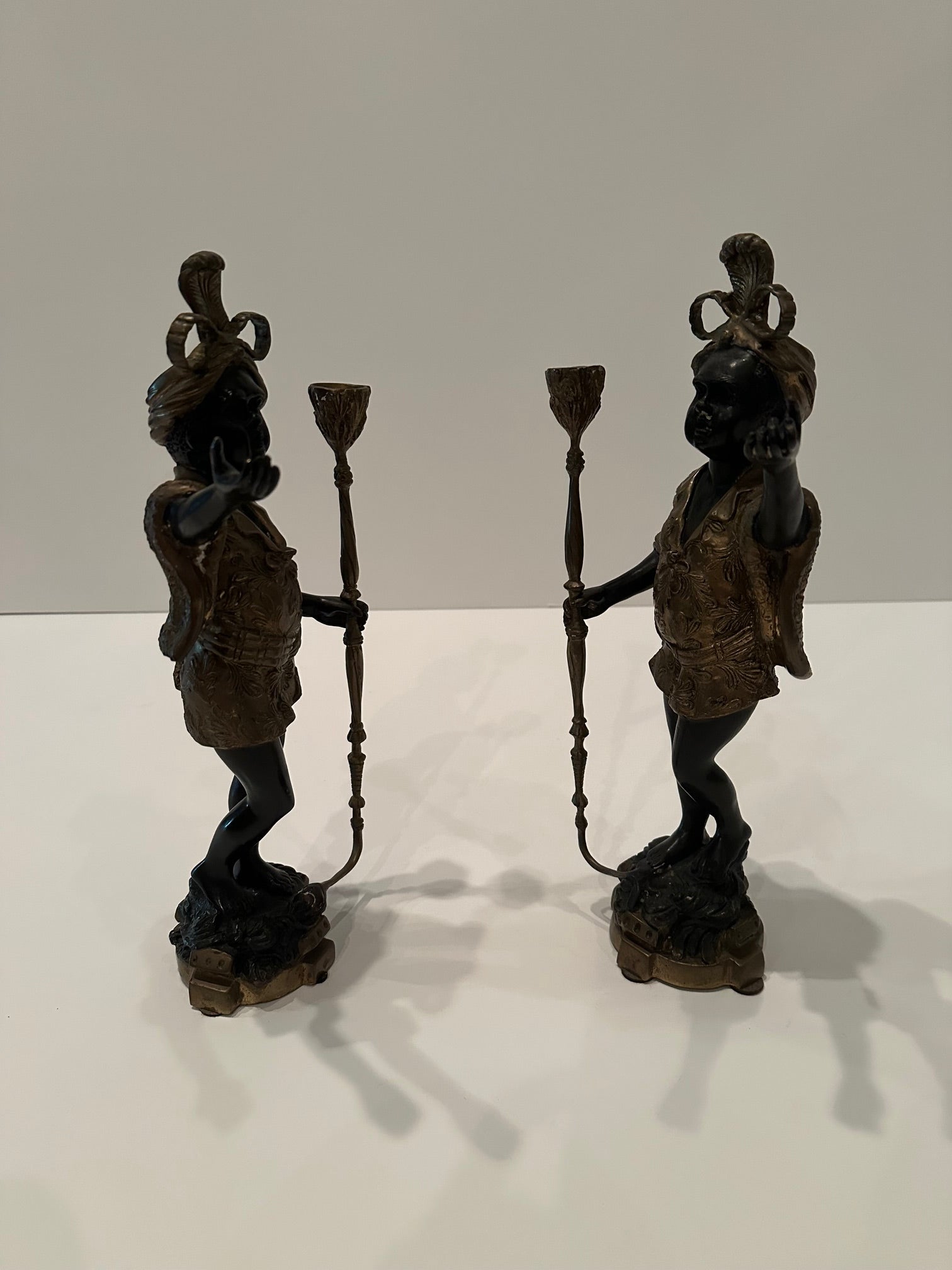 Italian Stunning Pair of Bronze Ebonized Venetian Blackamoor Candlesticks For Sale