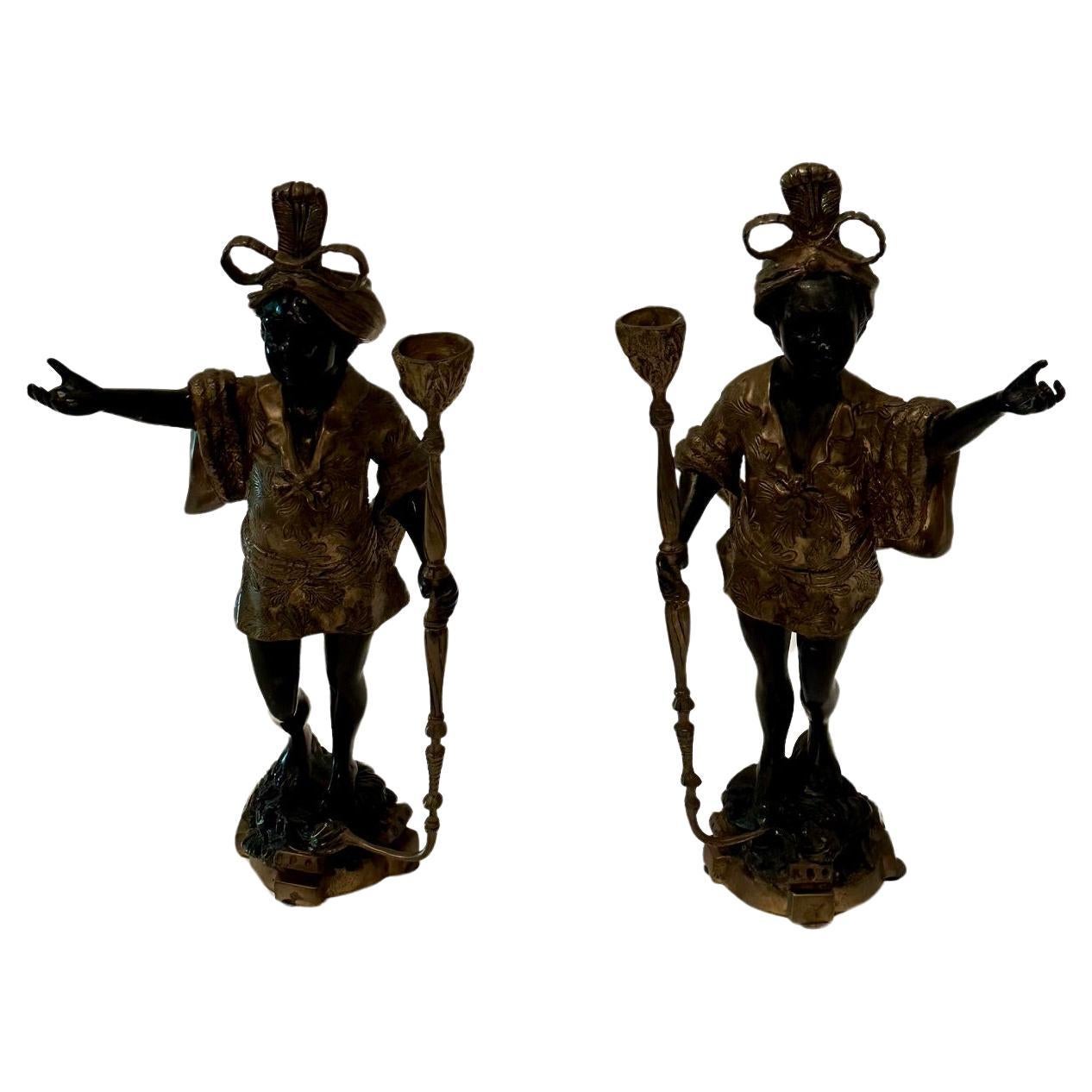 Stunning Pair of Bronze Ebonized Venetian Blackamoor Candlesticks For Sale