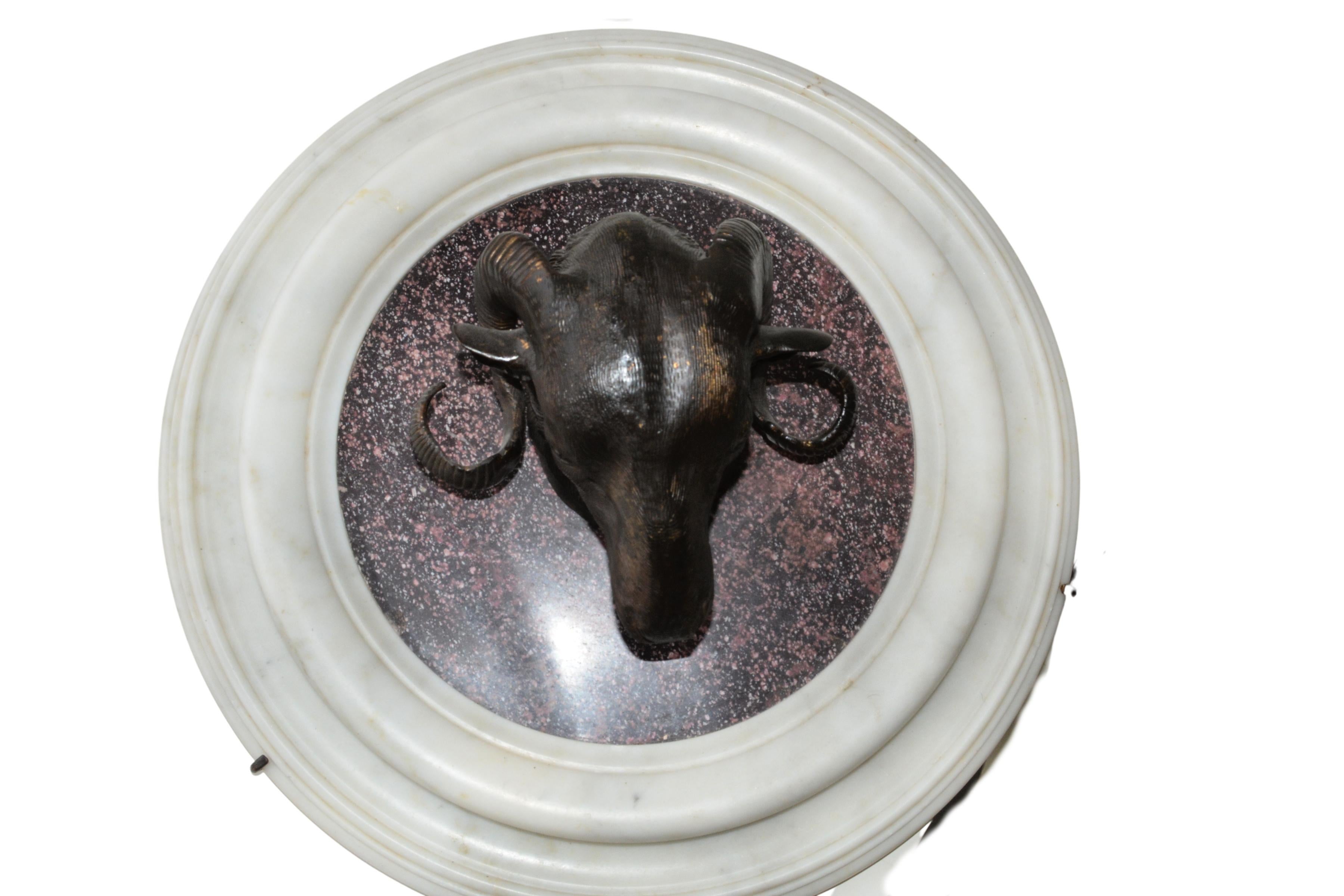 Stunning Pair of Bronze Rams Heads on Porphyry For Sale 5