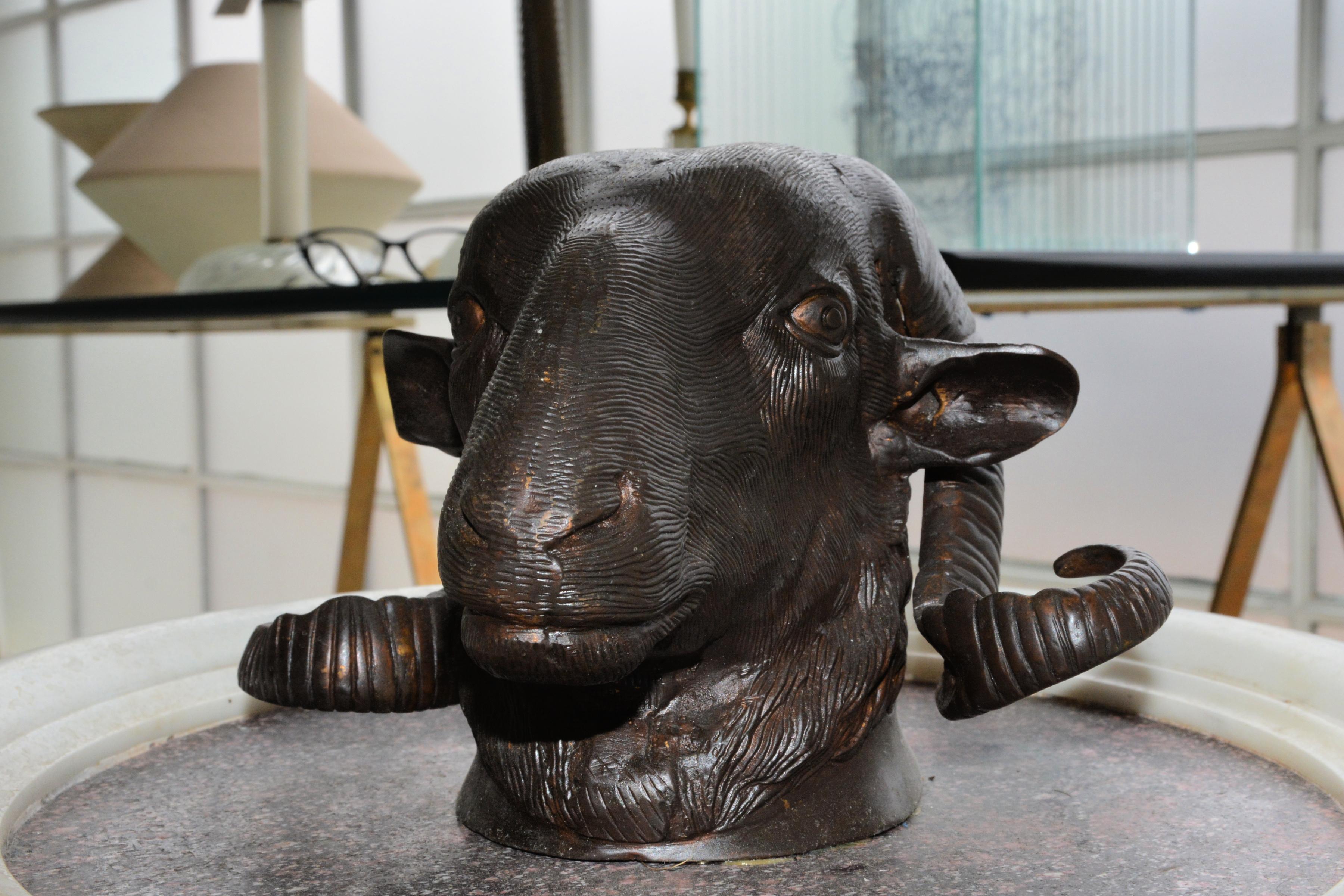 Stunning Pair of Bronze Rams Heads on Porphyry For Sale 2
