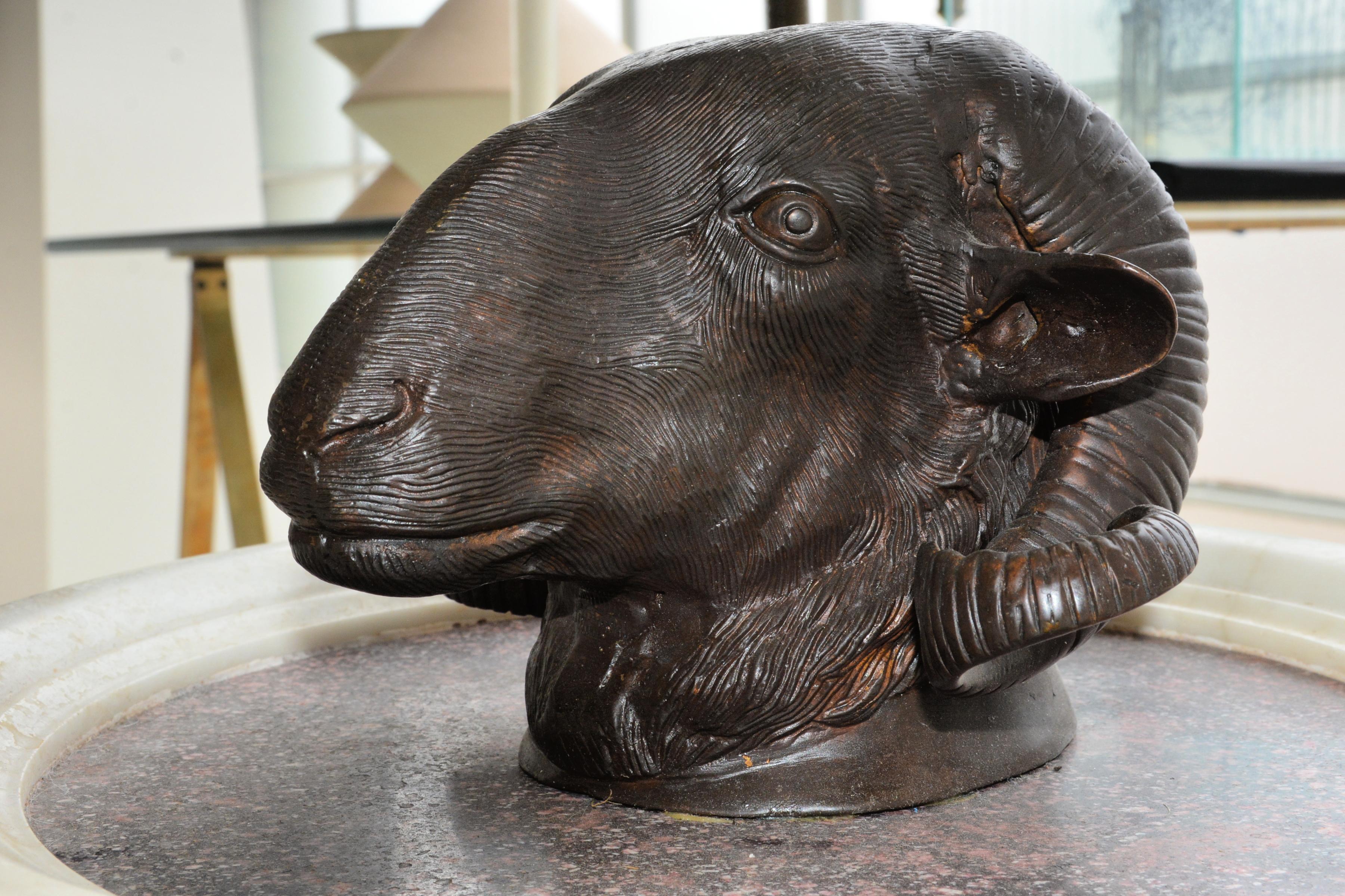 Stunning Pair of Bronze Rams Heads on Porphyry For Sale 3