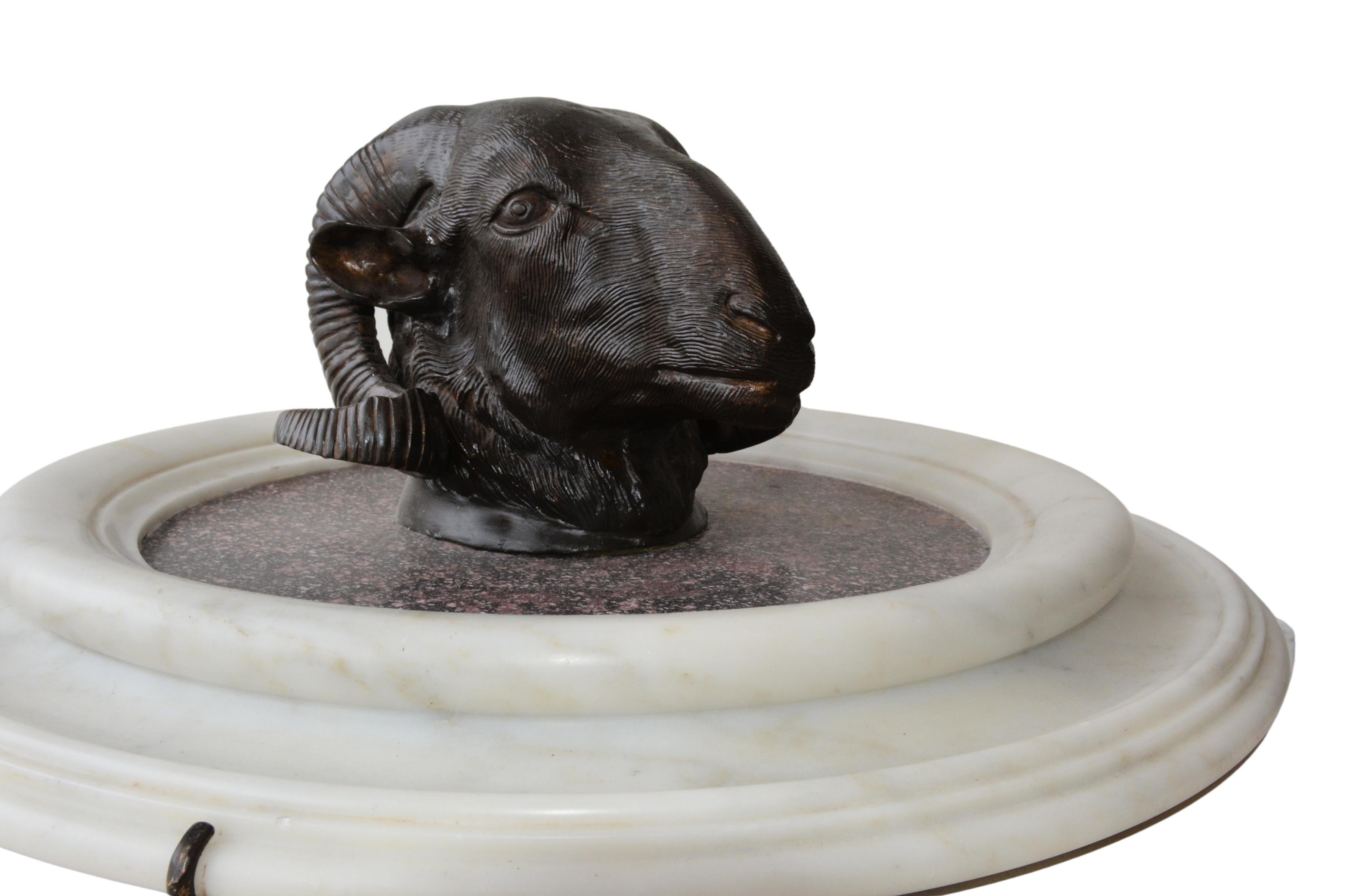 Stunning Pair of Bronze Rams Heads on Porphyry For Sale 4