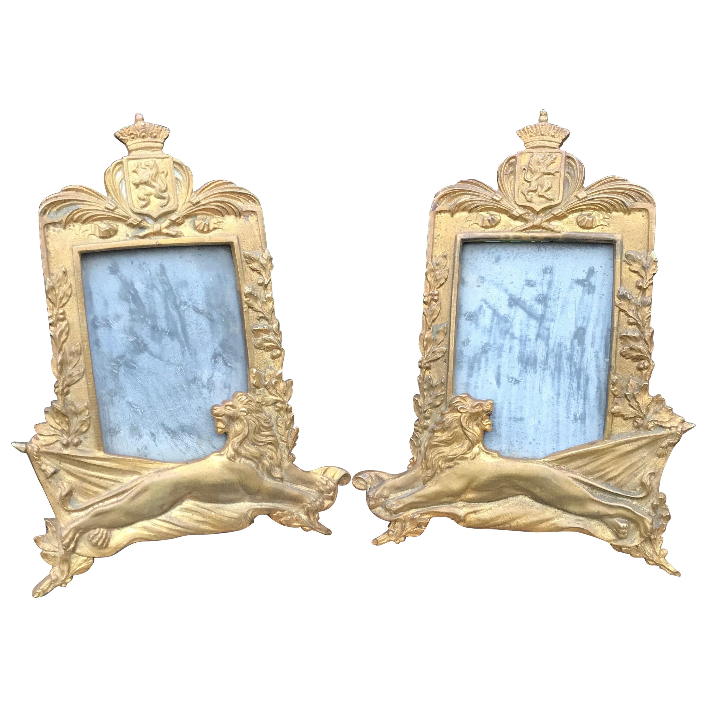 Stunning Pair of Bronze Table Picture Frames with Lion Sculptures & Royal Crowns
