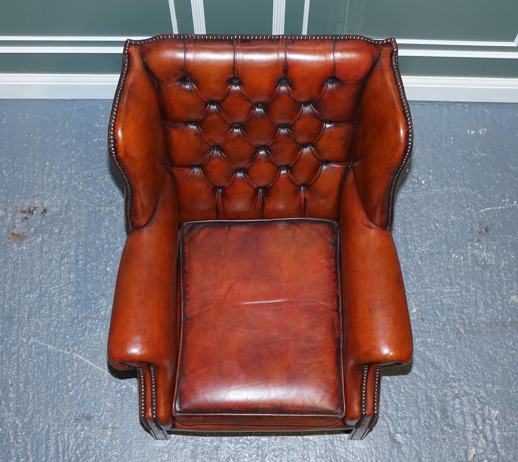 We are excited to present this stunning pair of burgundy-brown leather hand-dyed wingback chairs.

A good-looking and comfortable pair of wingback armchairs.

These are good country house chairs that look and feel every bit of the victorian