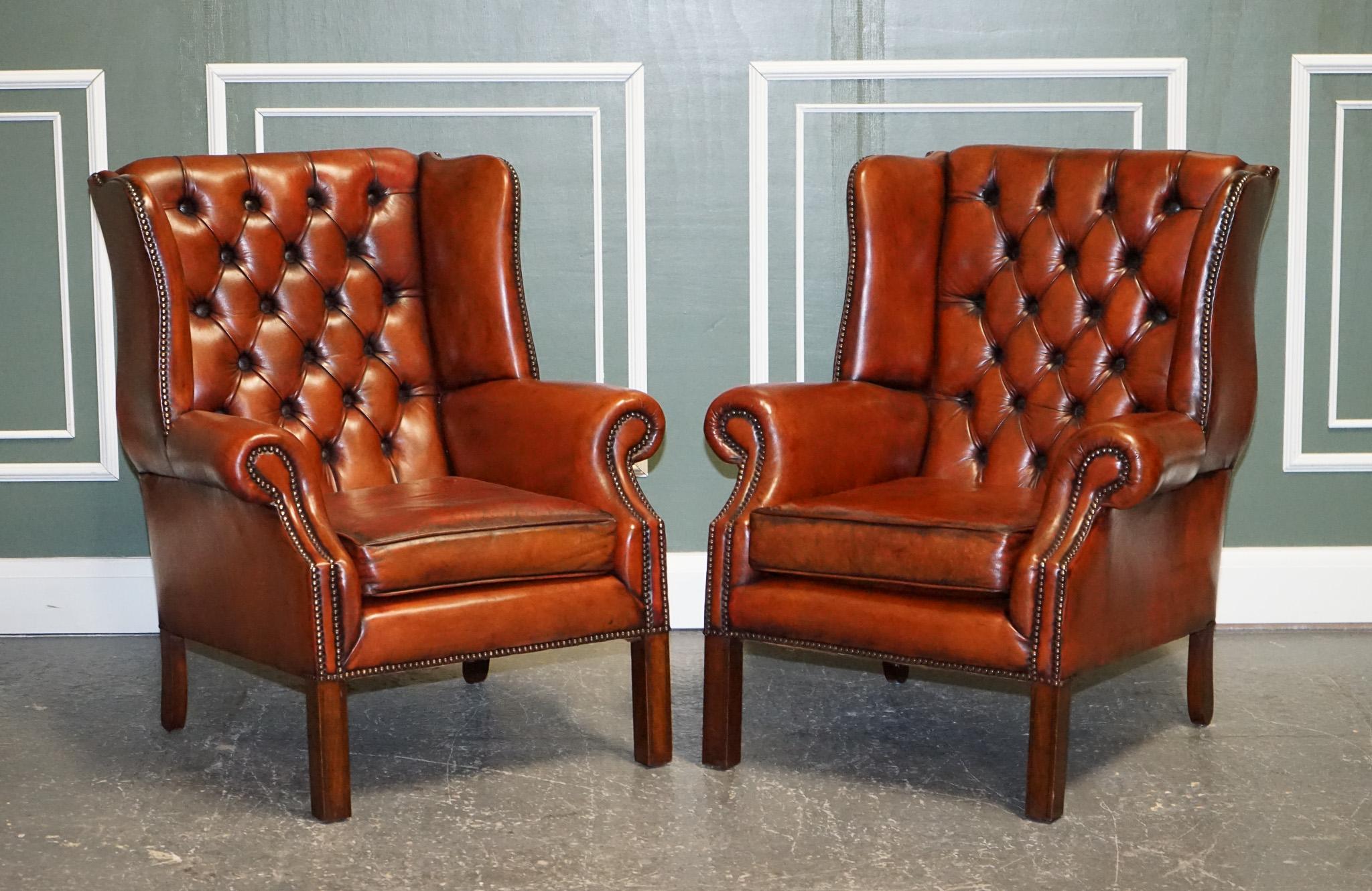 British Stunning Pair of Burgundy Brown Leather Hand Dyed Wingback Chairs For Sale