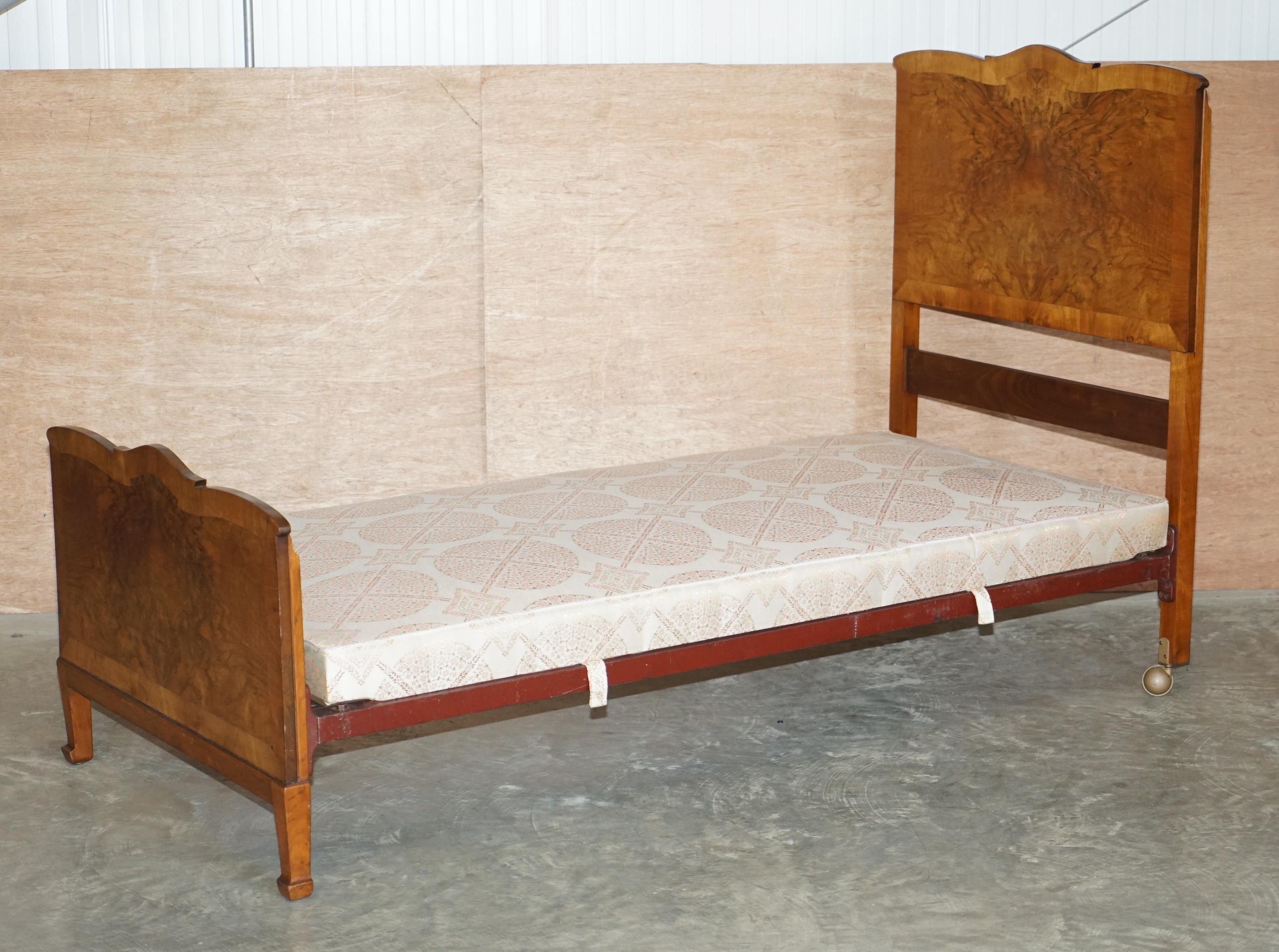 We are delighted to offer for sale this stunning pair of circa 1940's Burr walnut single beds with silk stitched divan bases 

A lovely pair of original hand made in England Walnut beds. These are the most complete set I have ever seen and come