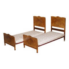 Vintage Stunning Pair of Burr & Burl Walnut circa 1940's Single Beds with Silk Bases