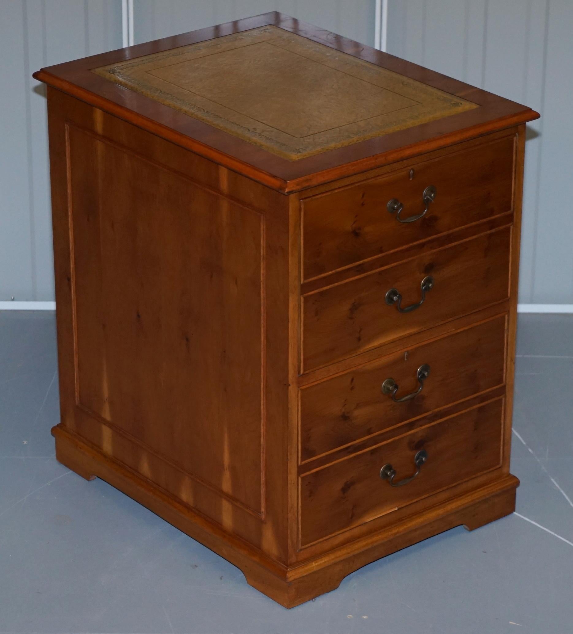 Stunning Pair of Burr Yew Wood Office Filing Cabinets with Green Leather Tops 2