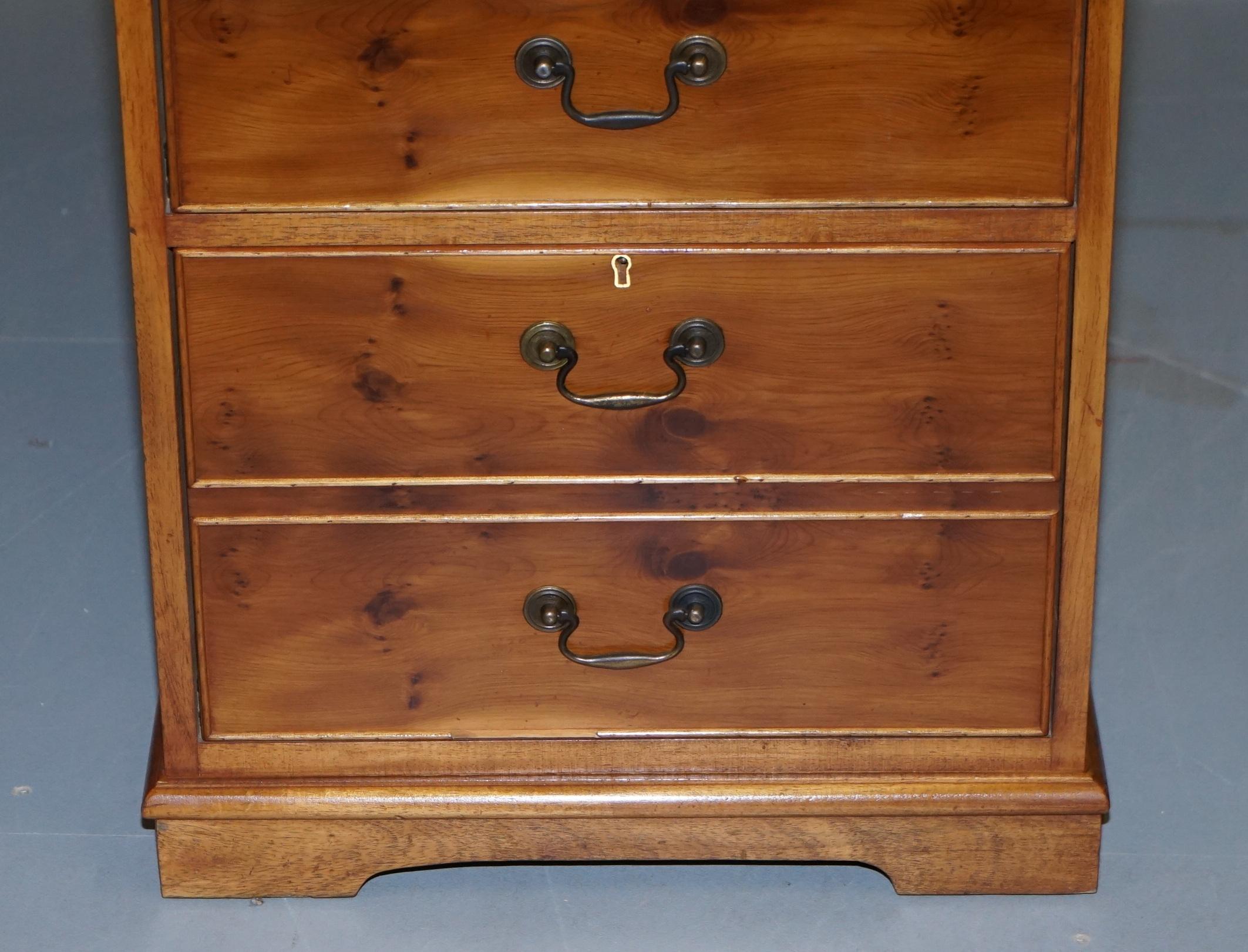 Stunning Pair of Burr Yew Wood Office Filing Cabinets with Green Leather Tops 4