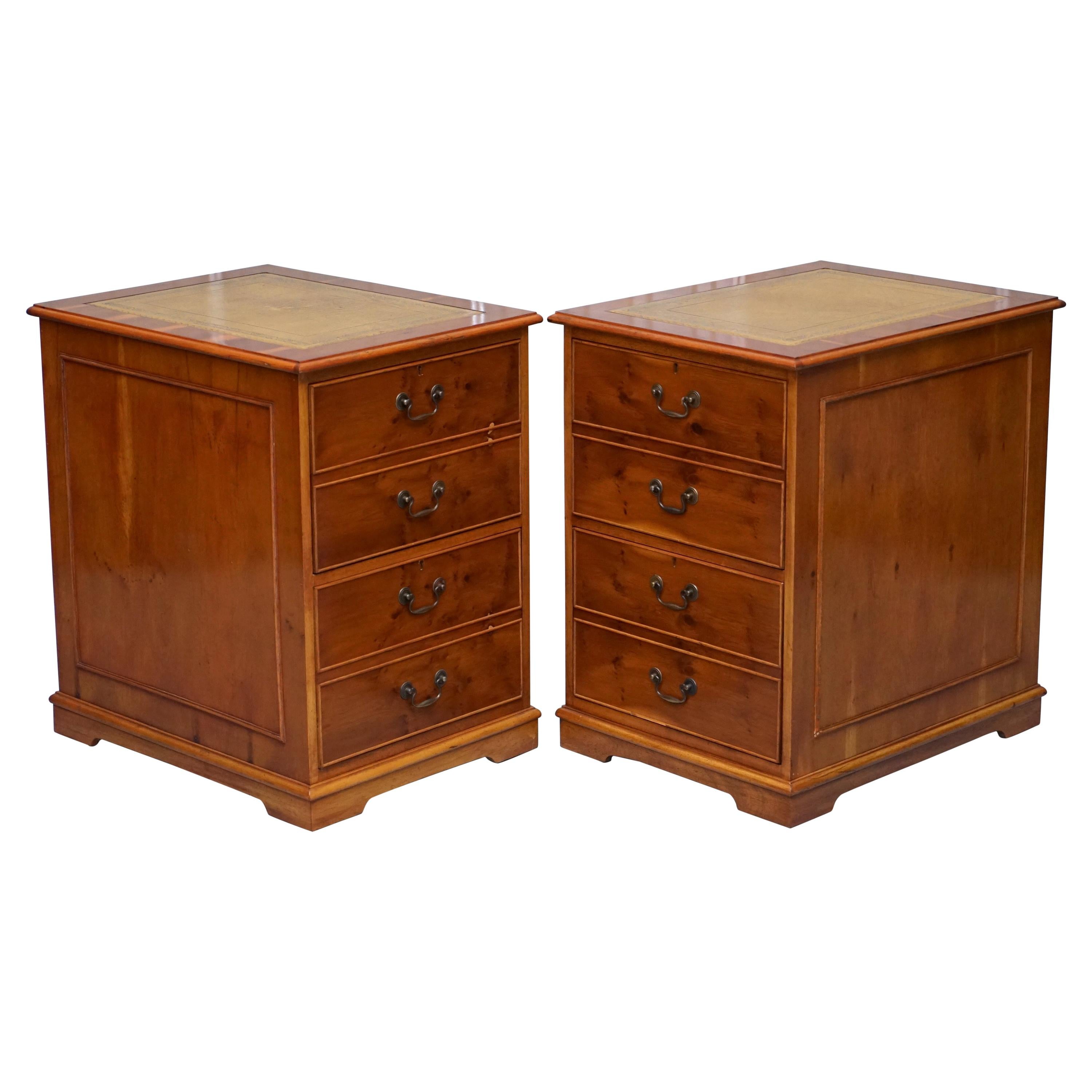 Stunning Pair of Burr Yew Wood Office Filing Cabinets with Green Leather Tops
