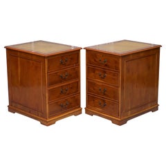 Stunning Pair of Burr Yew Wood Office Filing Cabinets with Green Leather Tops