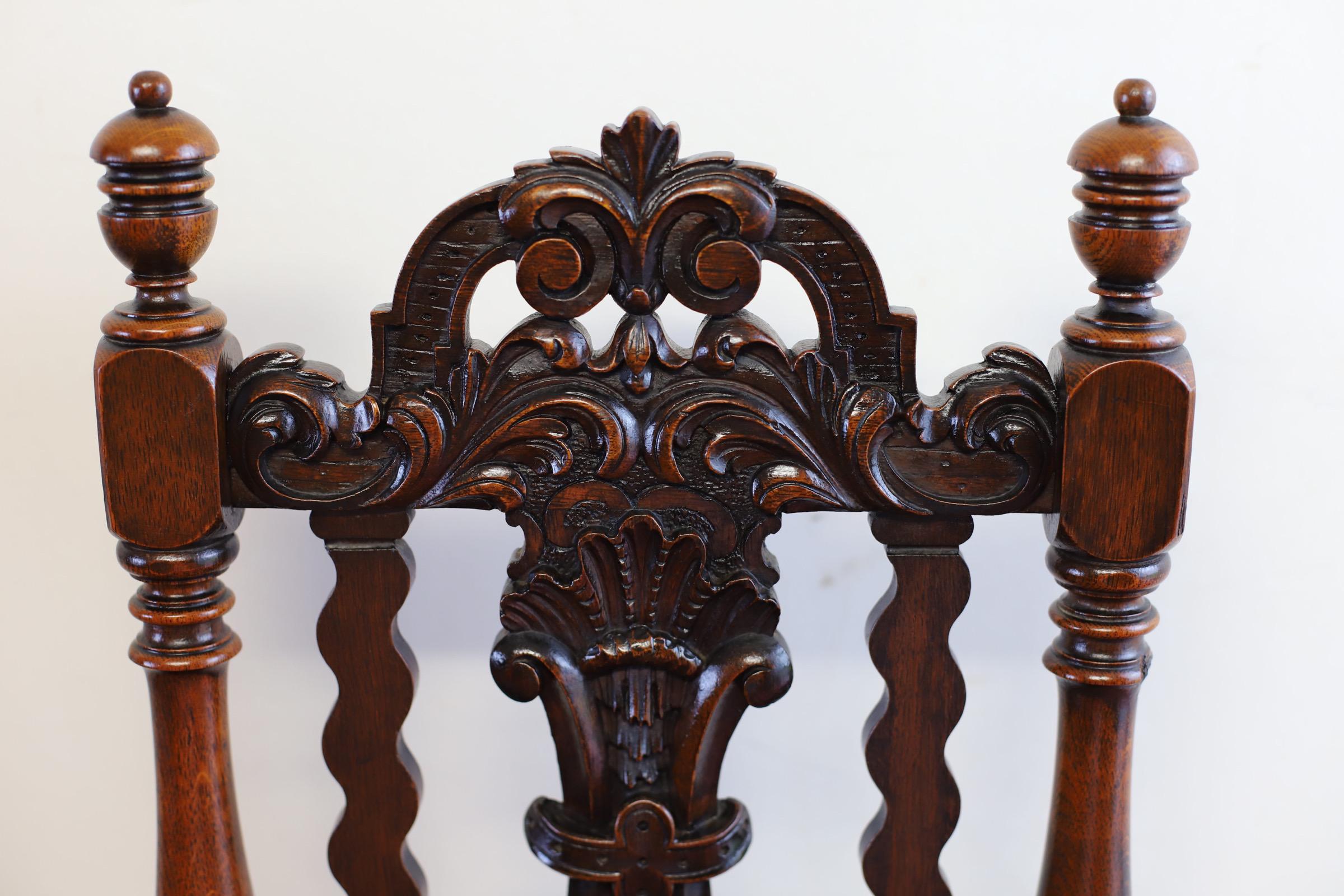 Stunning Pair Of Carolean Oak Framed Hall Chairs  For Sale 6