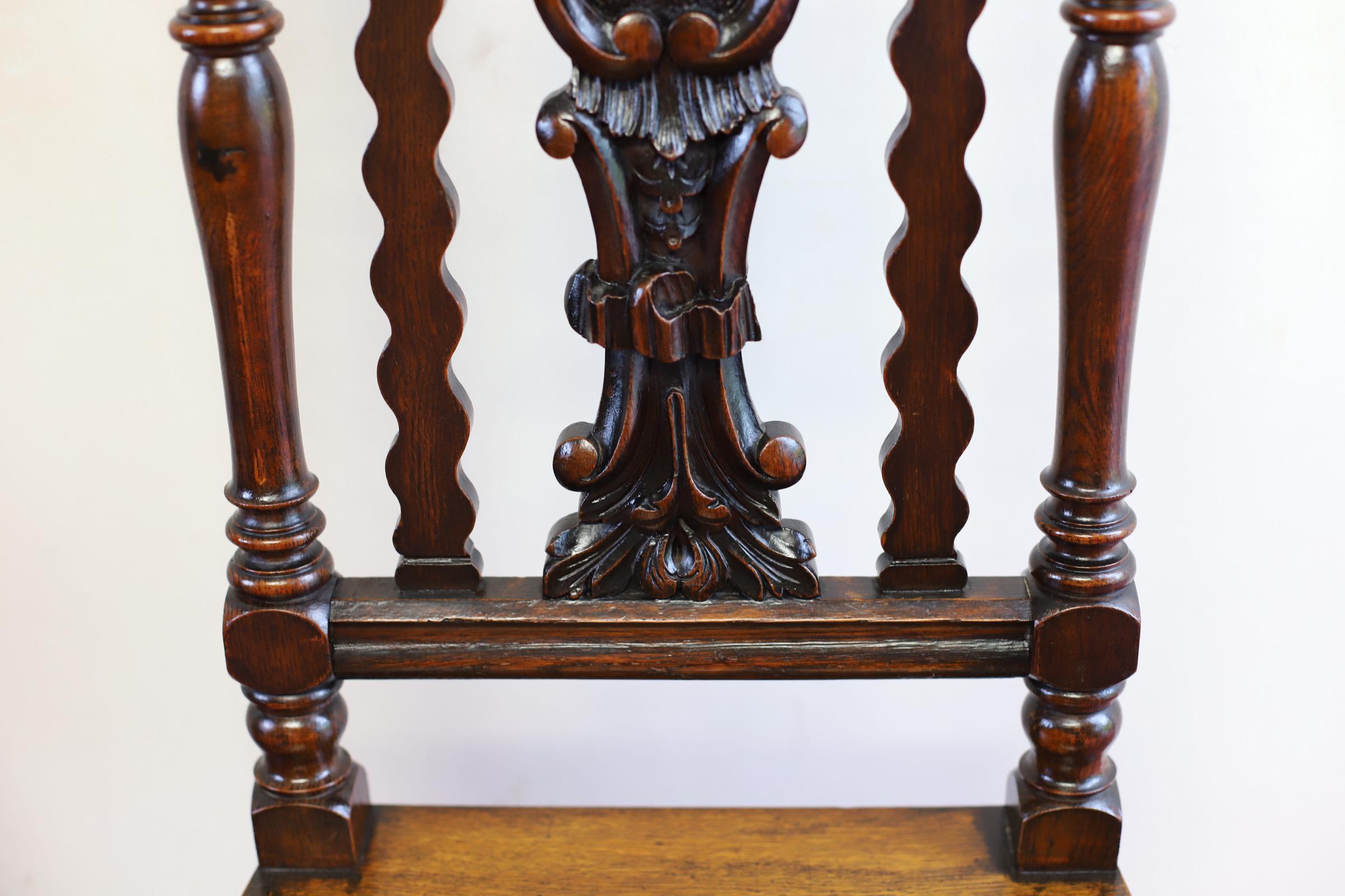 Stunning Pair Of Carolean Oak Framed Hall Chairs  For Sale 8