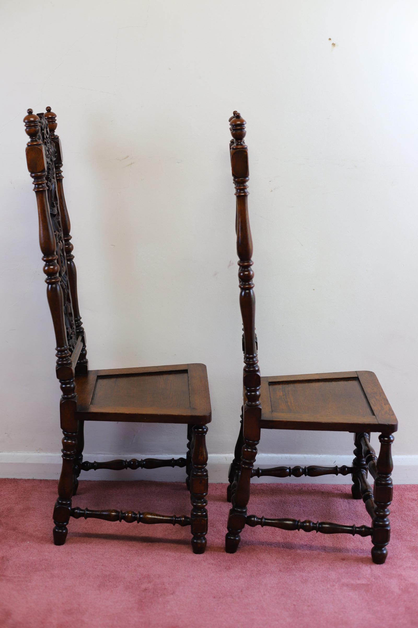 Late Victorian Stunning Pair Of Carolean Oak Framed Hall Chairs  For Sale