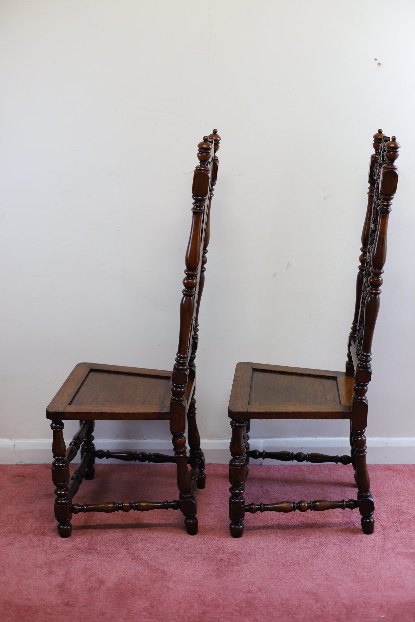 Carved Stunning Pair Of Carolean Oak Framed Hall Chairs  For Sale