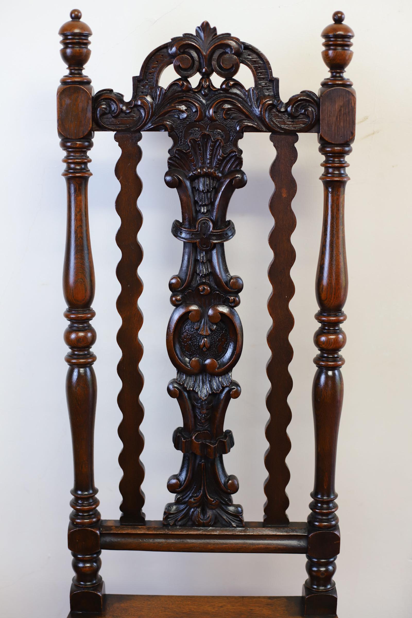19th Century Stunning Pair Of Carolean Oak Framed Hall Chairs  For Sale