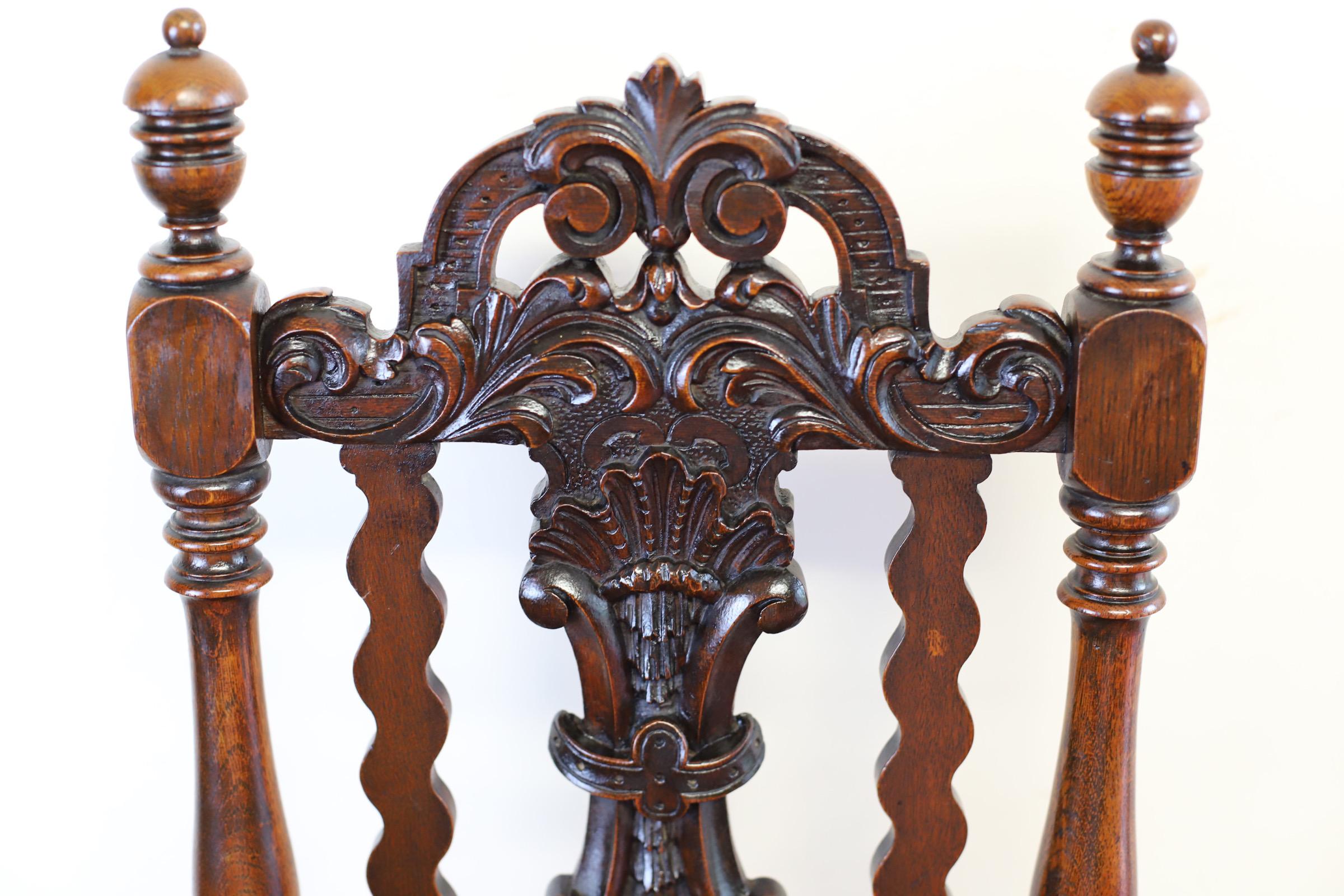 Stunning Pair Of Carolean Oak Framed Hall Chairs  For Sale 1
