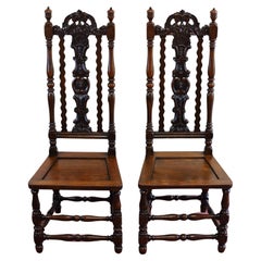 Antique Stunning Pair Of Carolean Oak Framed Hall Chairs 
