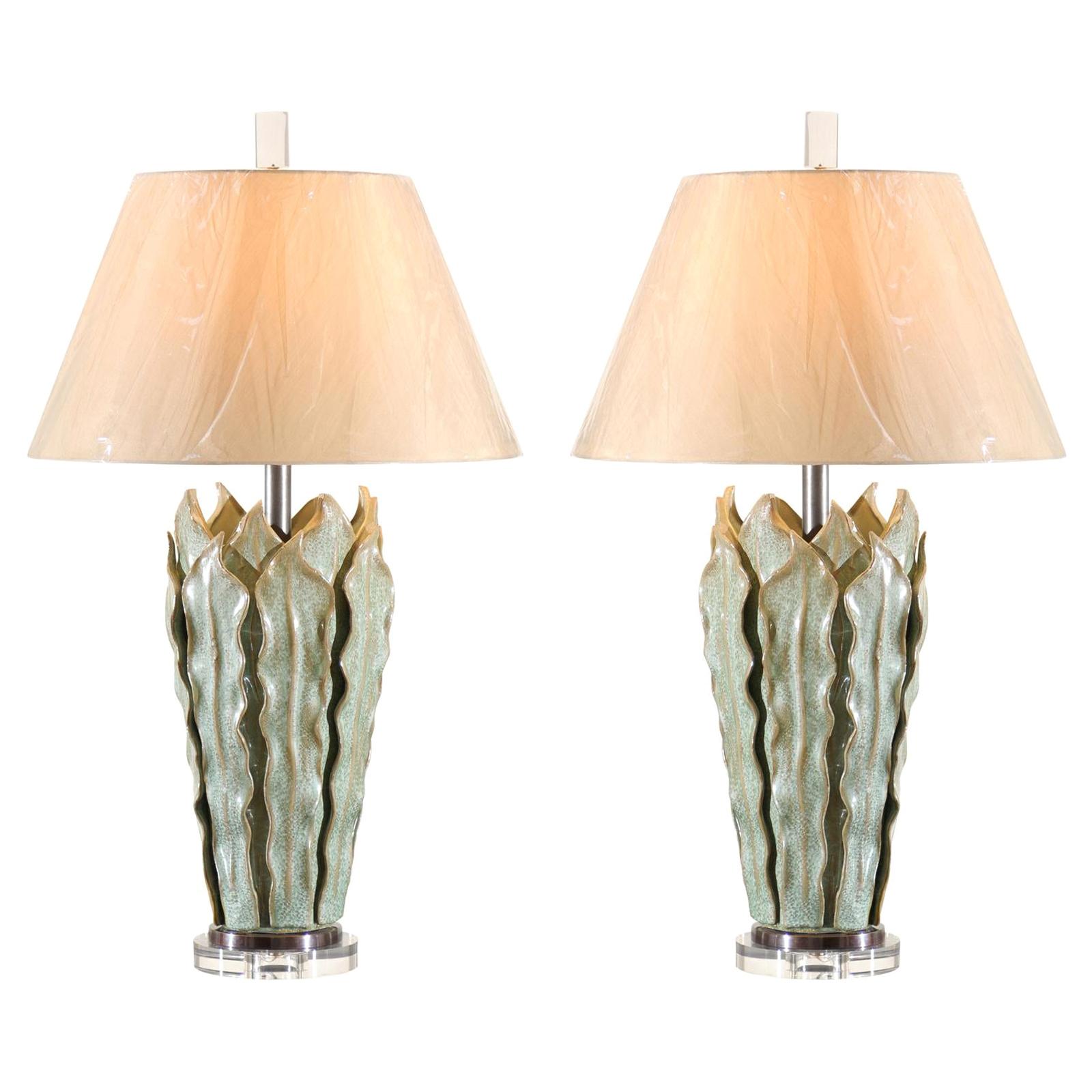Stunning Pair of Ceramic Fern Leaf Vessels as Custom Lamps