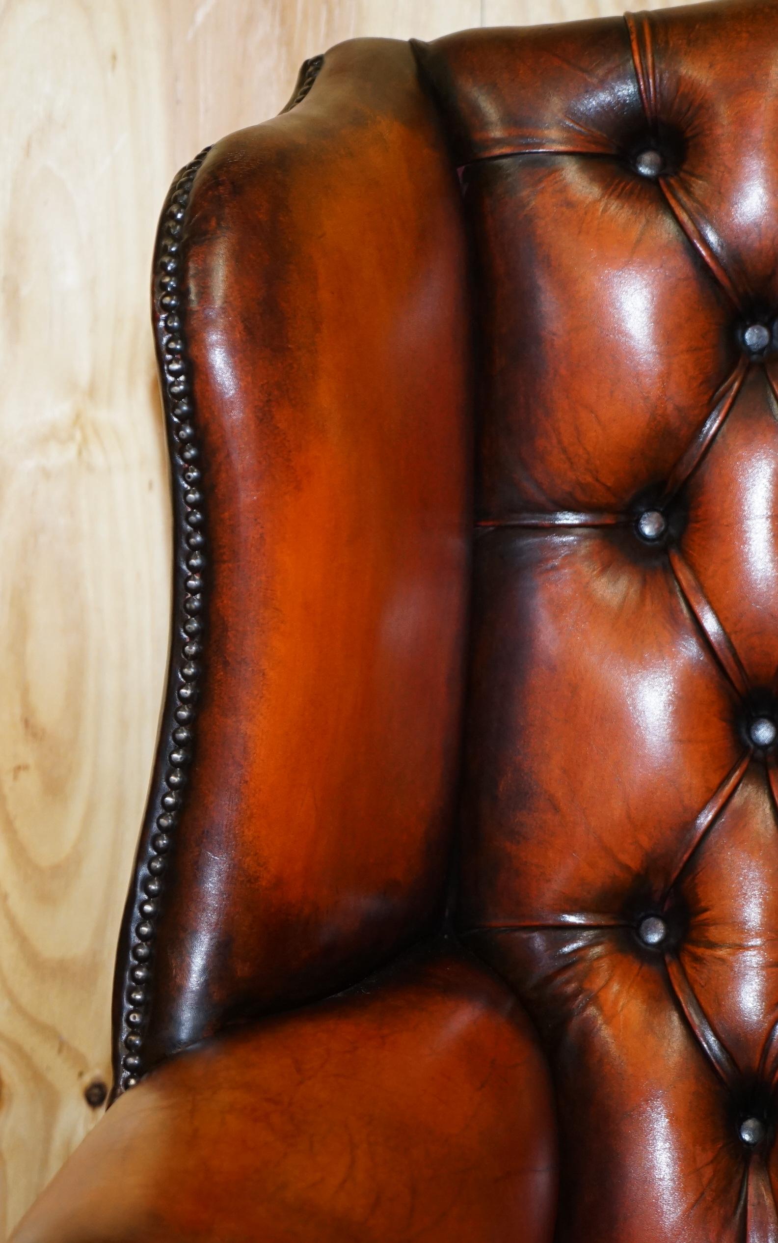 Stunning Pair of Chesterfield Restored Wingback Armchairs Whisky Brown Leather 5