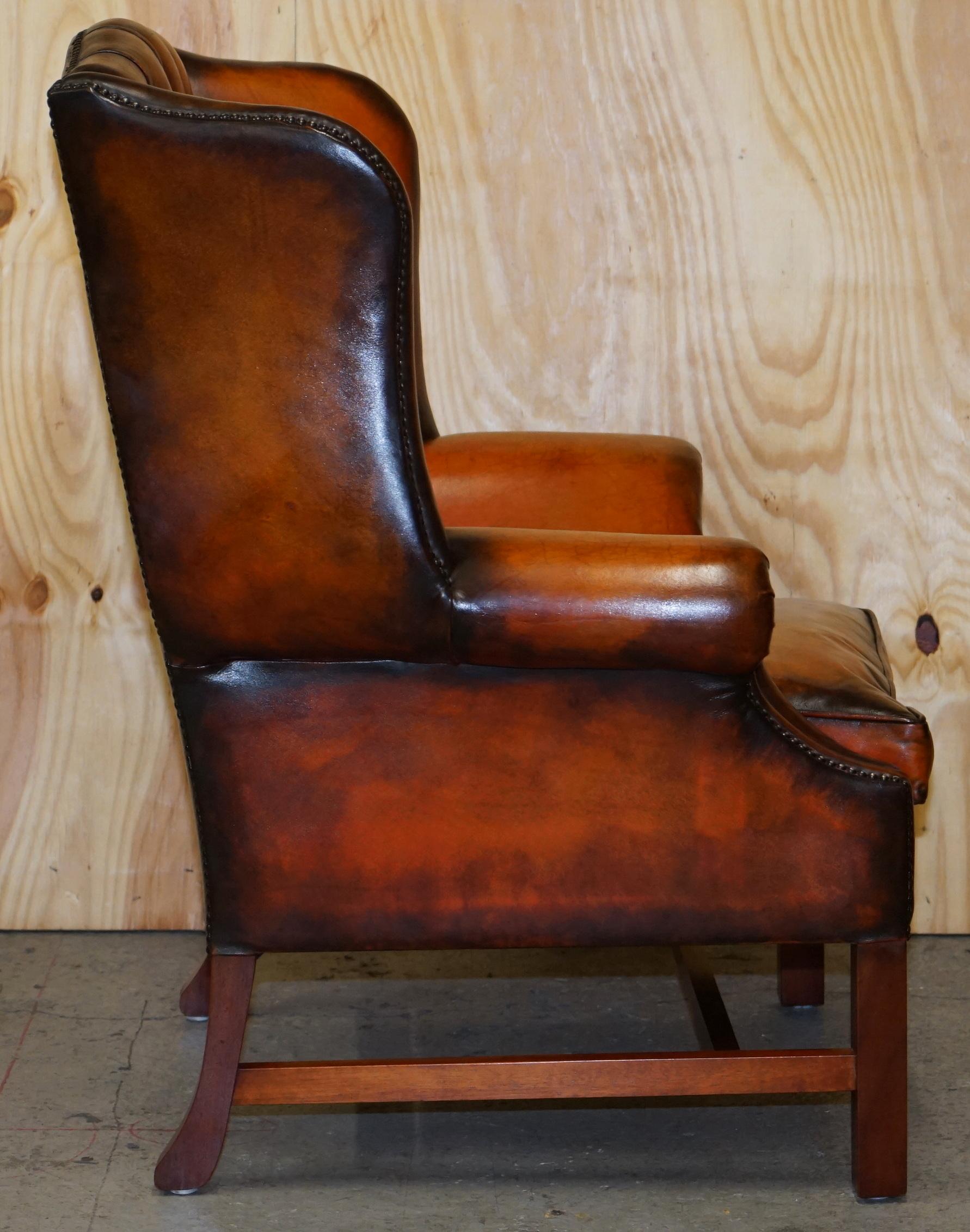 Stunning Pair of Chesterfield Restored Wingback Armchairs Whisky Brown Leather 6