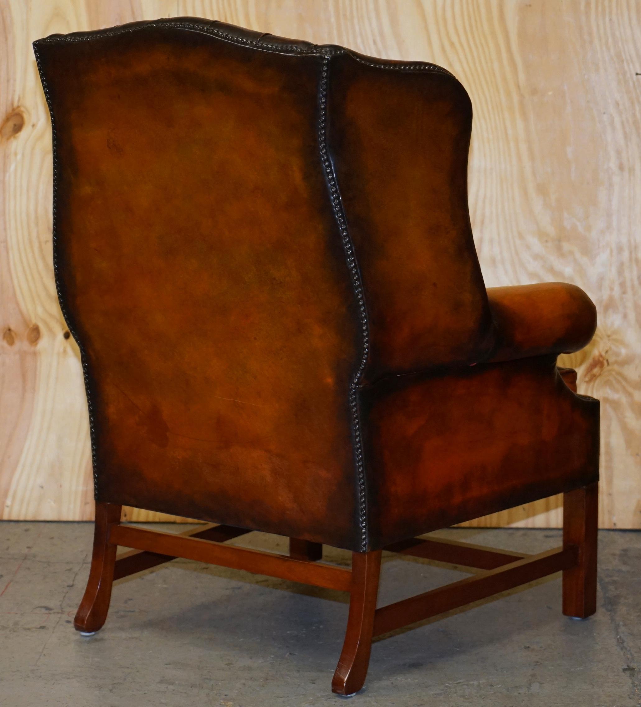 Stunning Pair of Chesterfield Restored Wingback Armchairs Whisky Brown Leather 7