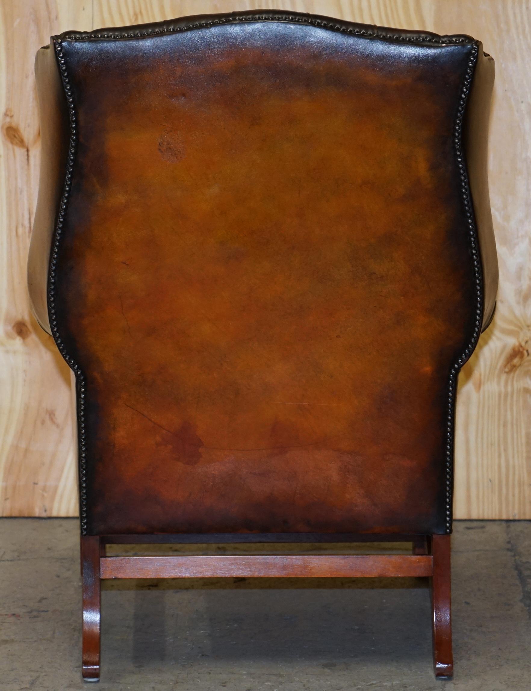 Stunning Pair of Chesterfield Restored Wingback Armchairs Whisky Brown Leather 8