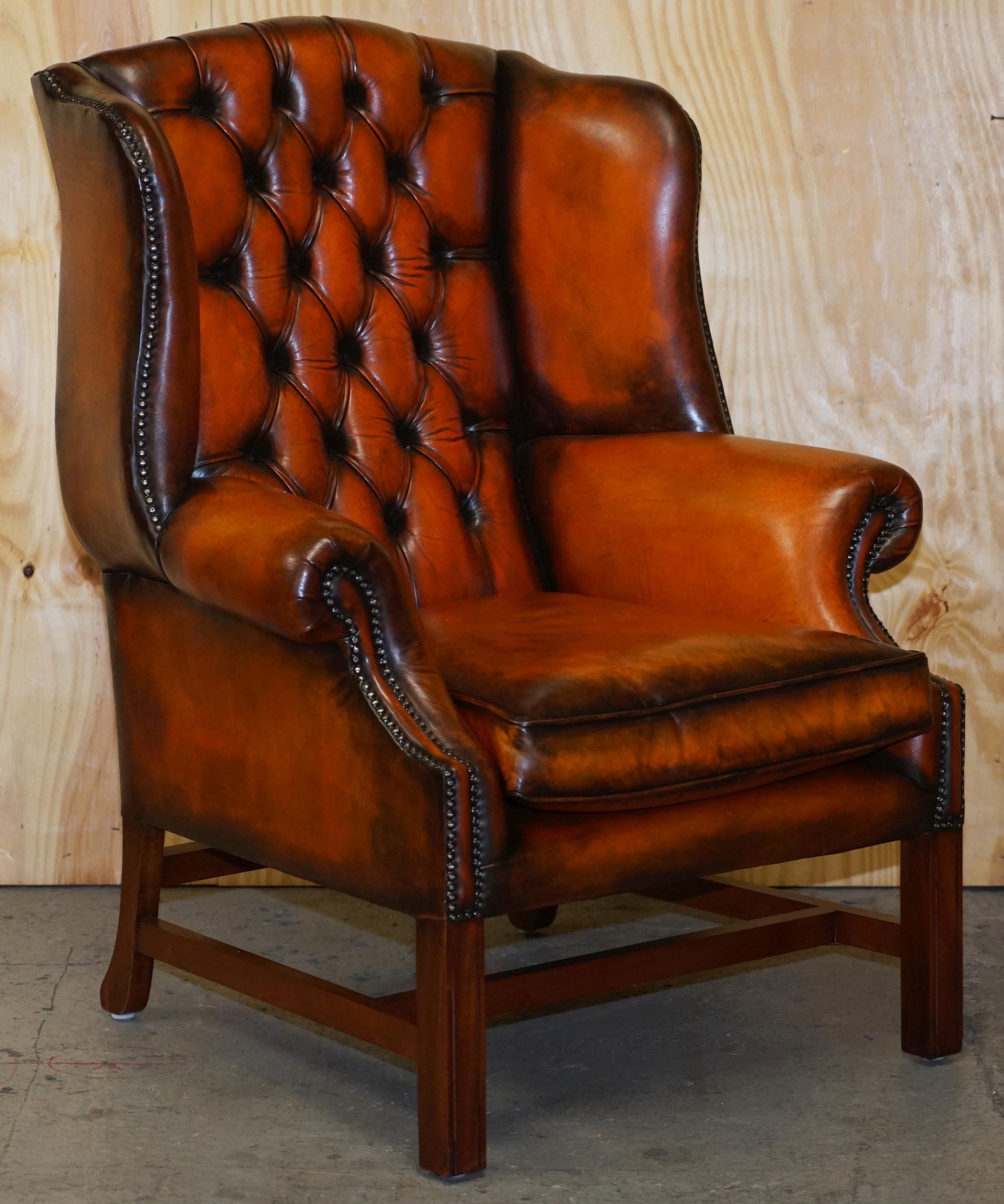 Stunning Pair of Chesterfield Restored Wingback Armchairs Whisky Brown Leather 10