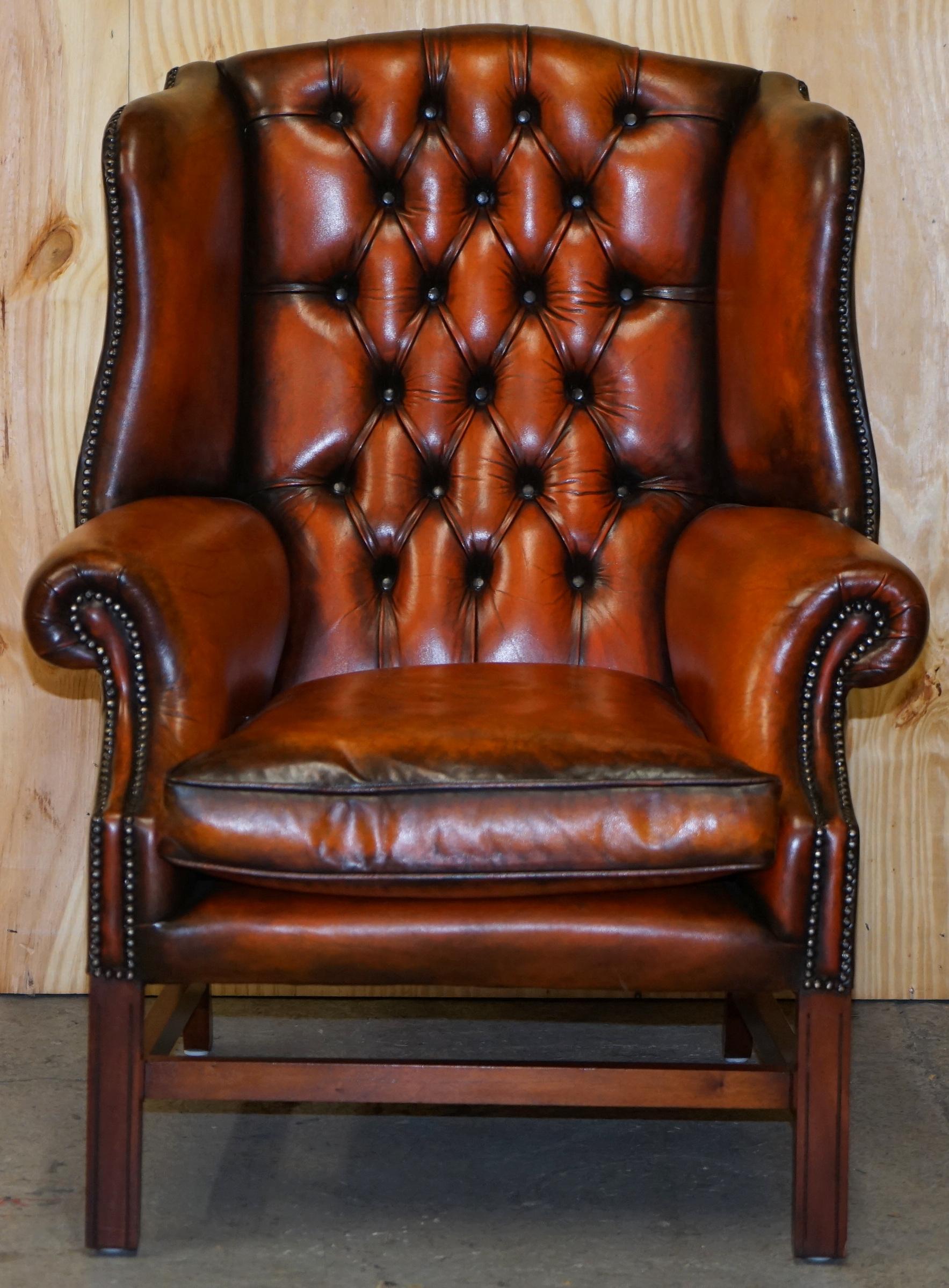 Stunning Pair of Chesterfield Restored Wingback Armchairs Whisky Brown Leather 11