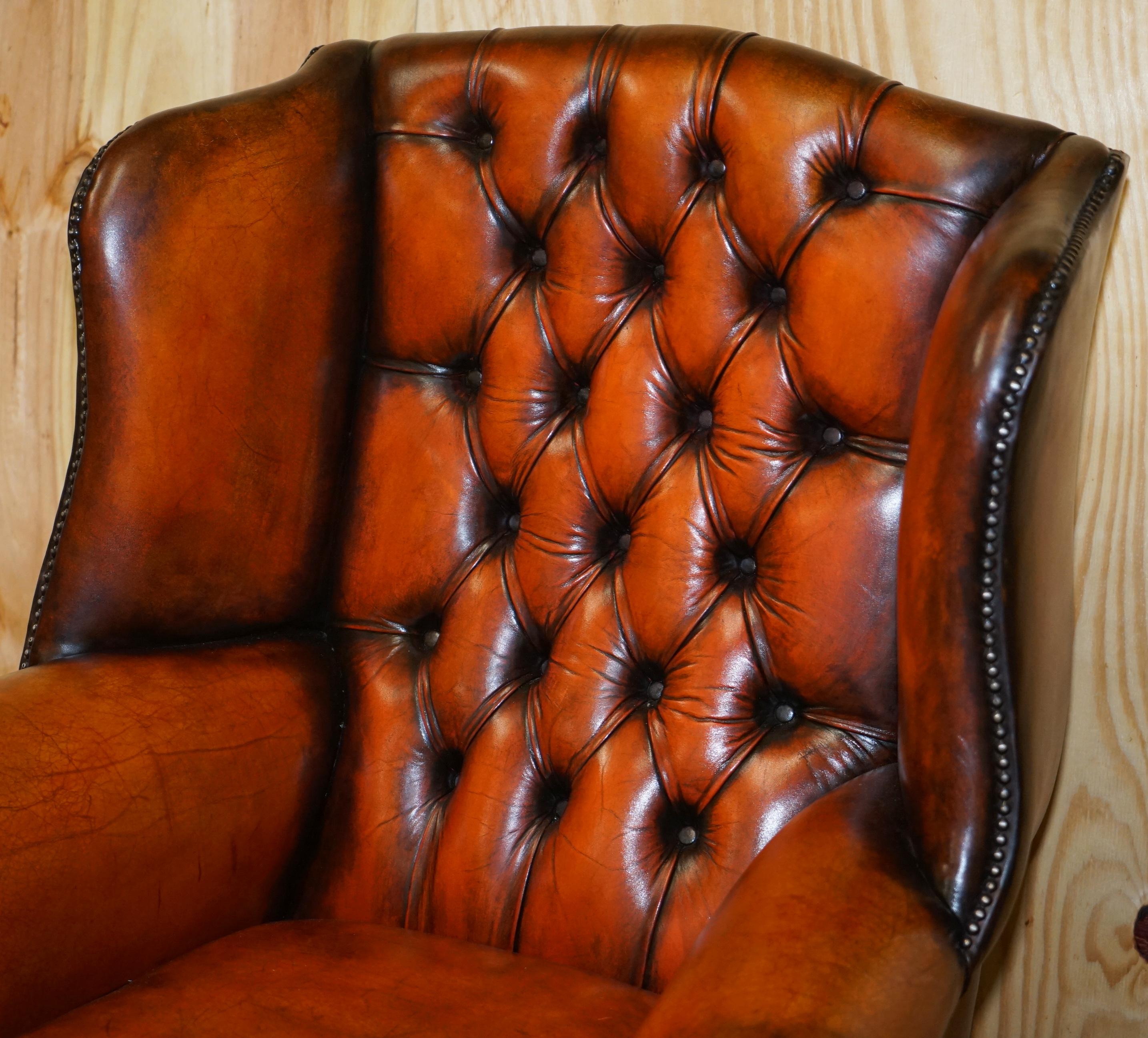 Stunning Pair of Chesterfield Restored Wingback Armchairs Whisky Brown Leather 12