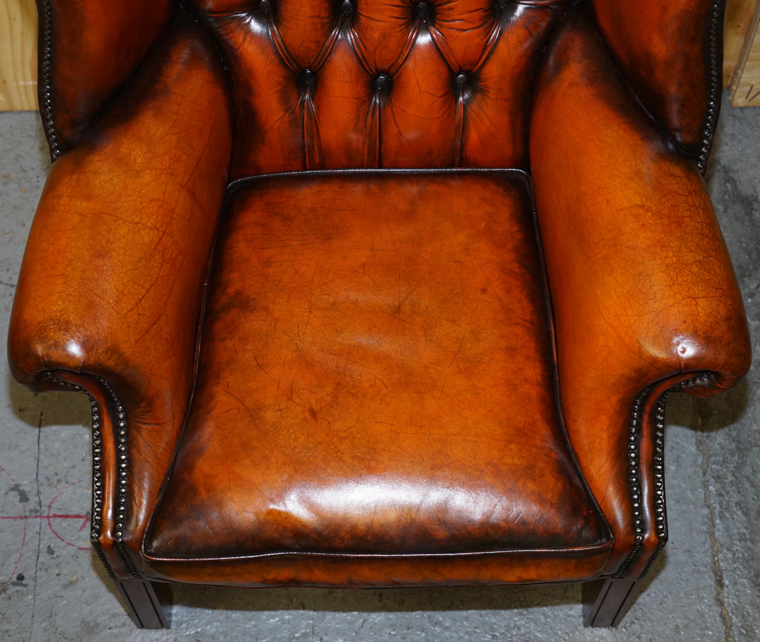 Stunning Pair of Chesterfield Restored Wingback Armchairs Whisky Brown Leather 13