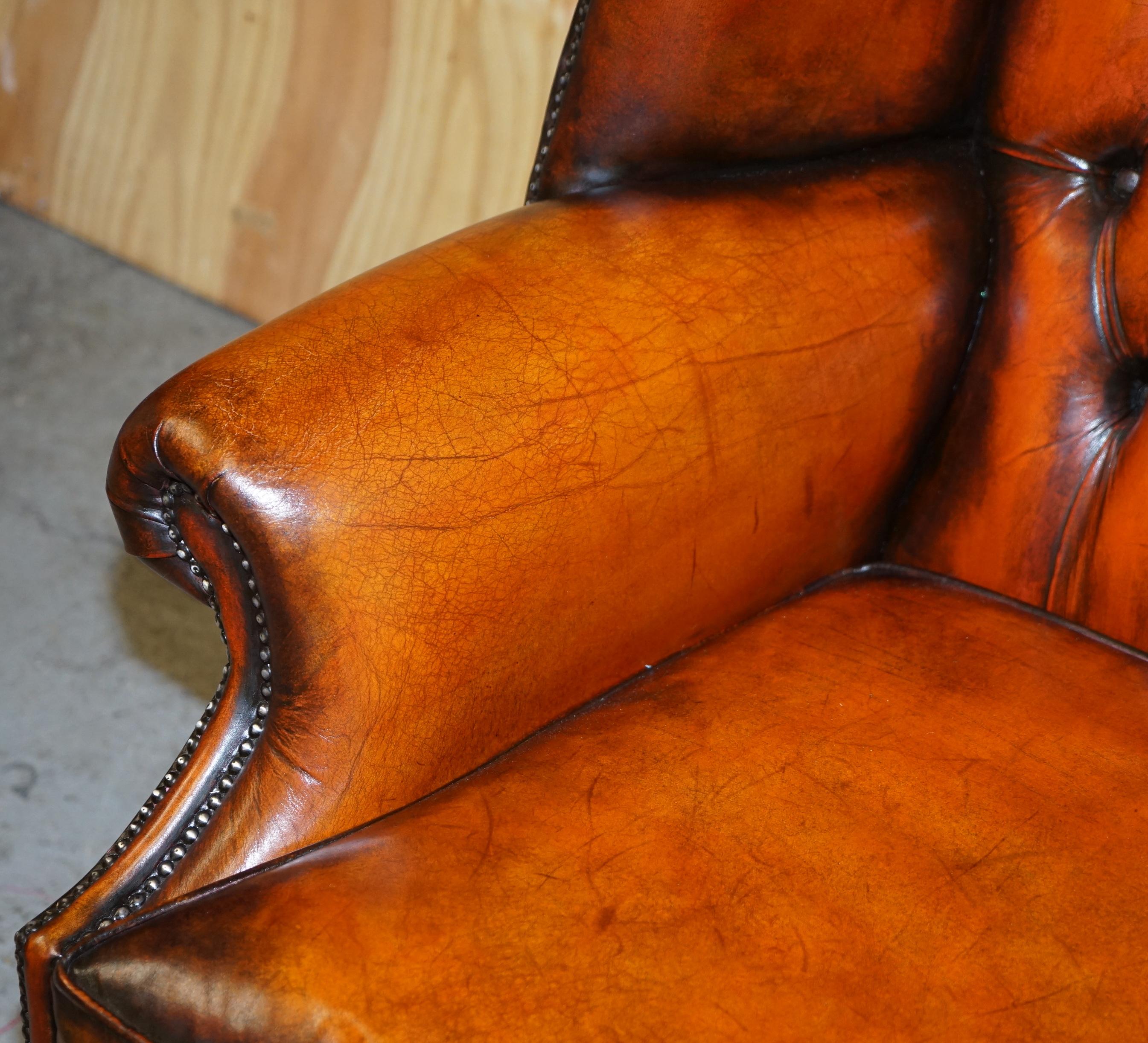 Stunning Pair of Chesterfield Restored Wingback Armchairs Whisky Brown Leather 14