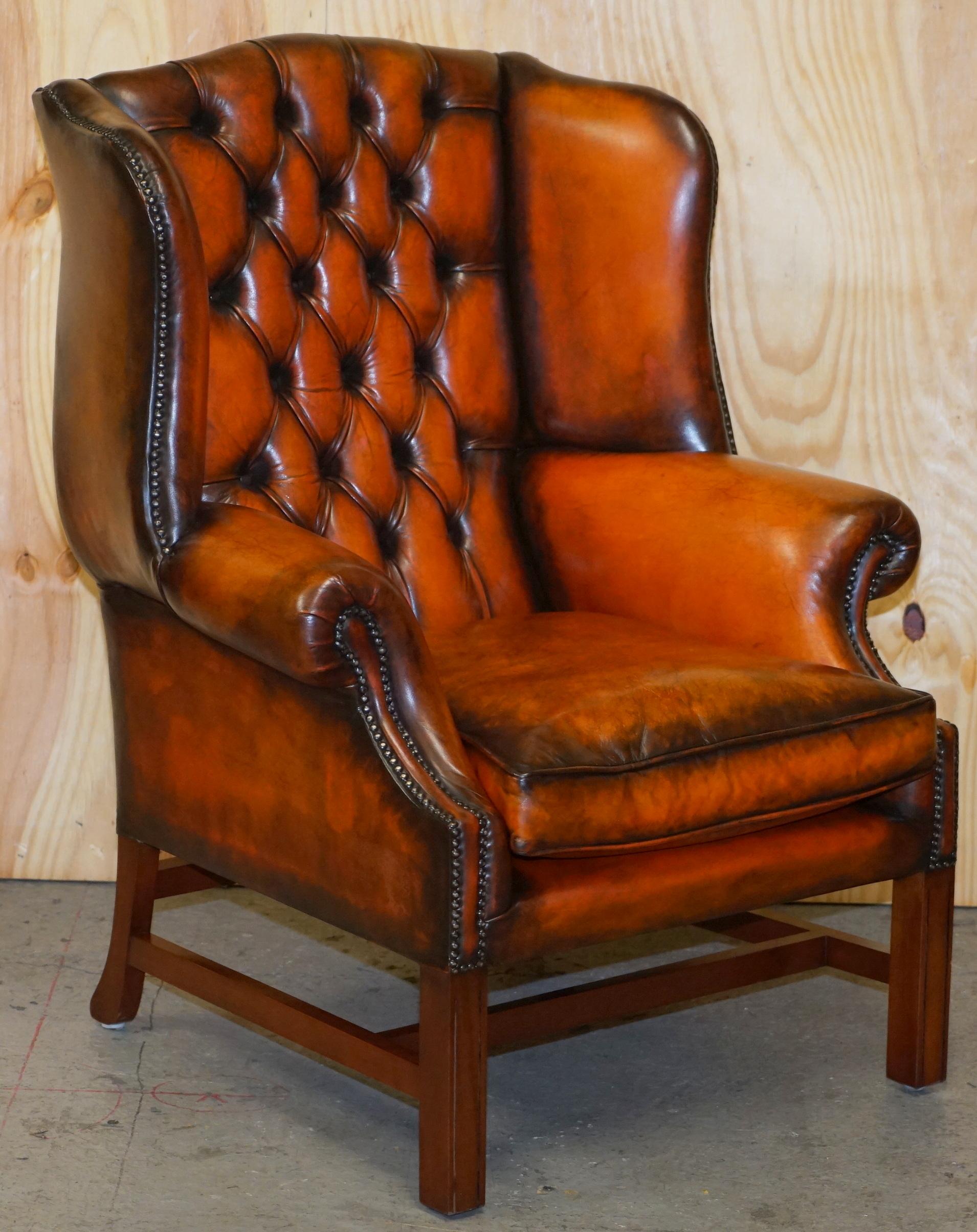 We are delighted to offer for sale this stunning pair of lovely Chesterfield Georgian H framed fully restored vintage wingback armchairs in whisky brown leather with thick heavy feather filled cushions

A good looking and comfortable pair of coil