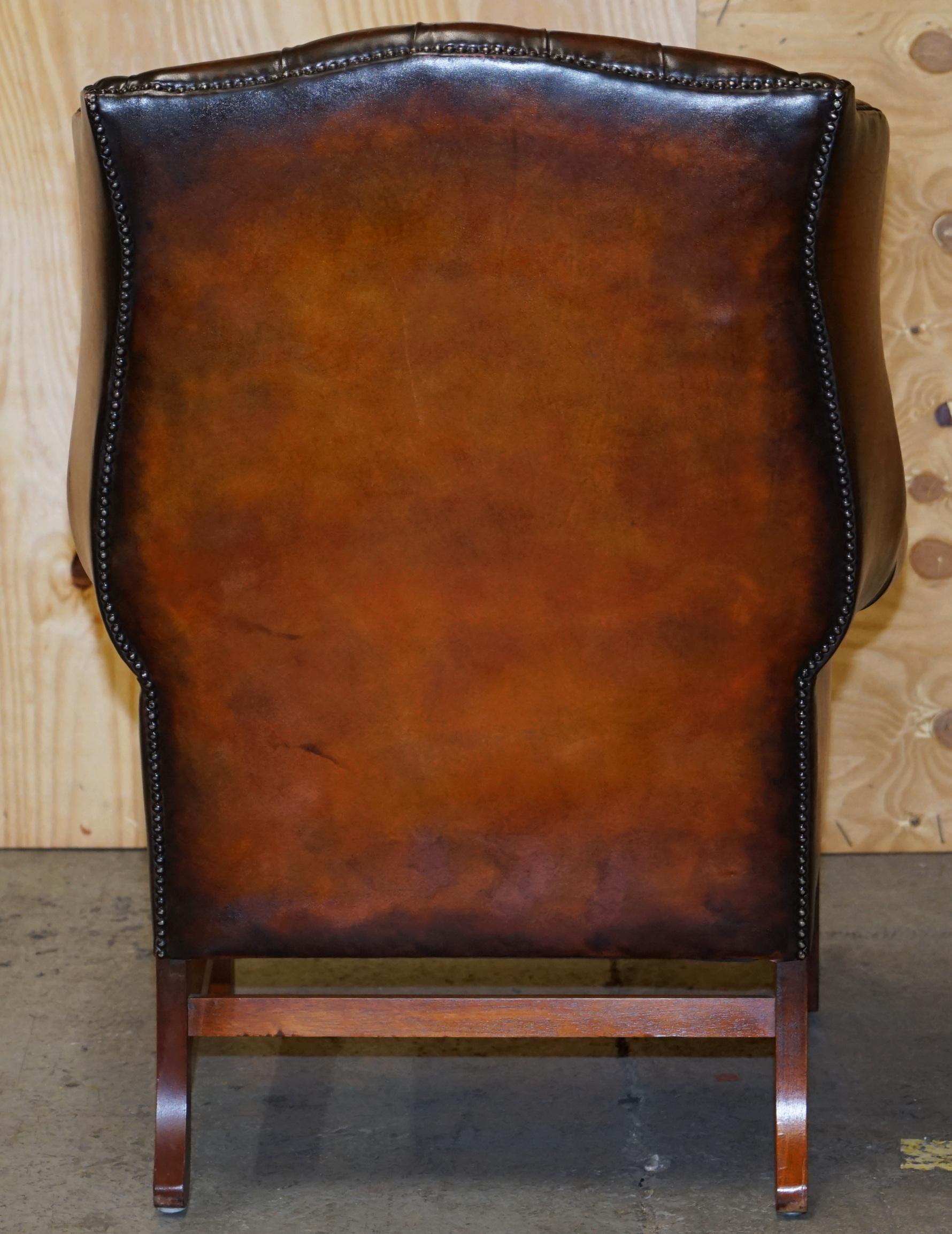 Stunning Pair of Chesterfield Restored Wingback Armchairs Whisky Brown Leather 15